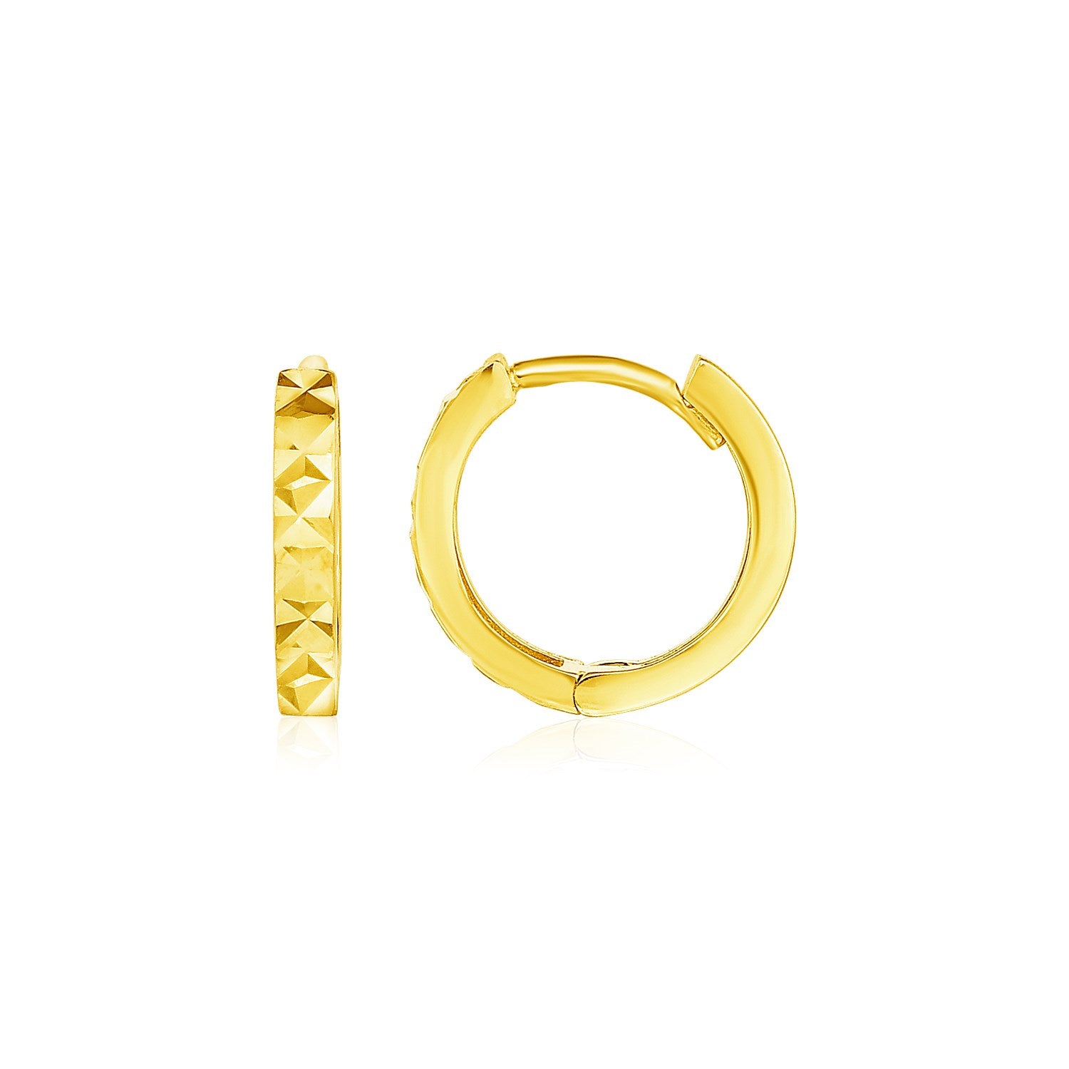 14k yellow gold geometric textured hoop earrings, modern design with a luxurious finish, perfect for elegant occasions.