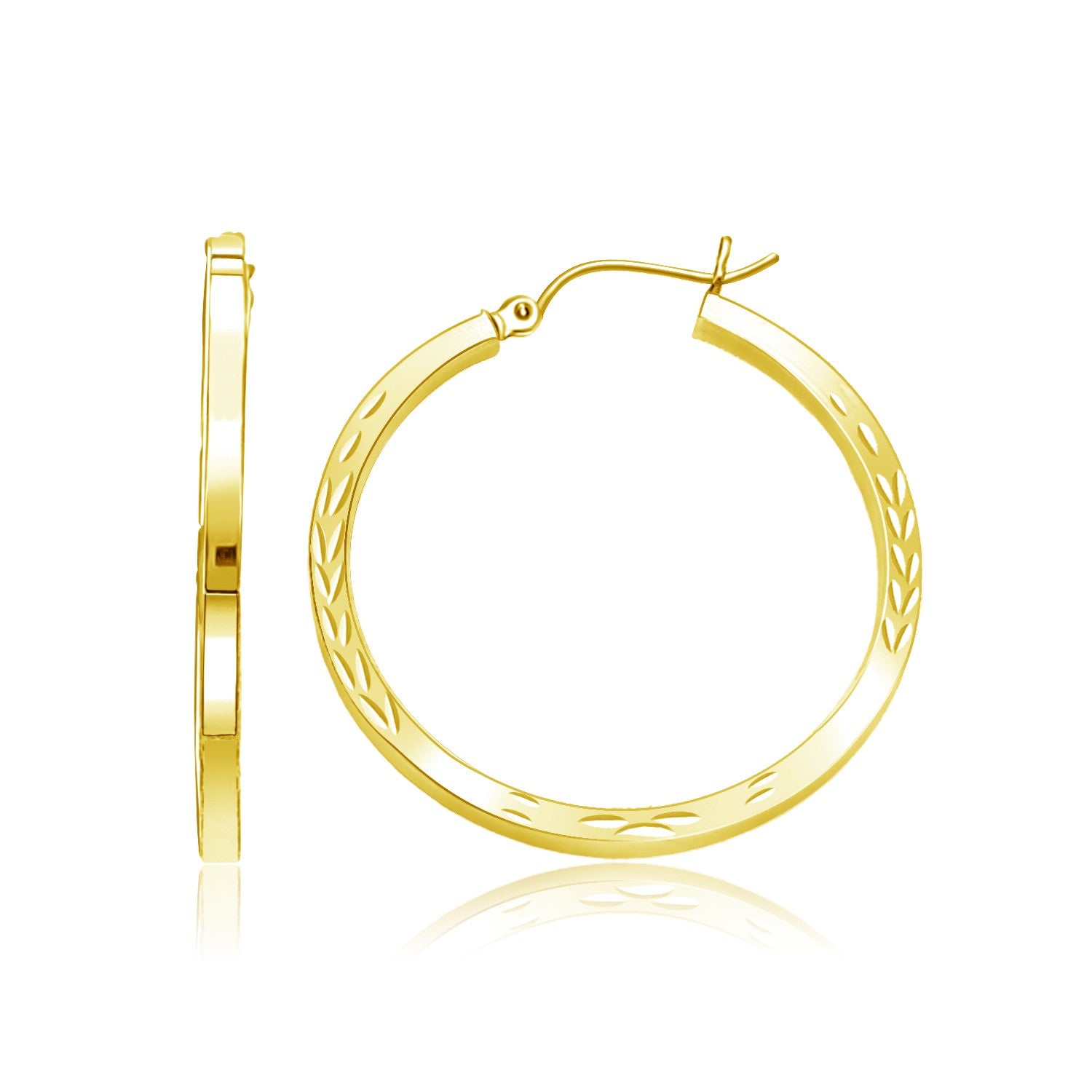 14k yellow gold diamond cut hoop earrings with a modern design, perfect for elegant occasions and everyday luxury.