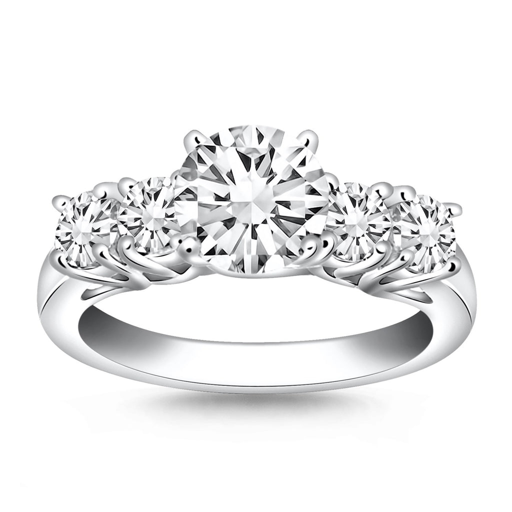 14k white gold five stone diamond trellis engagement ring with round diamonds in a minimalist prong setting.