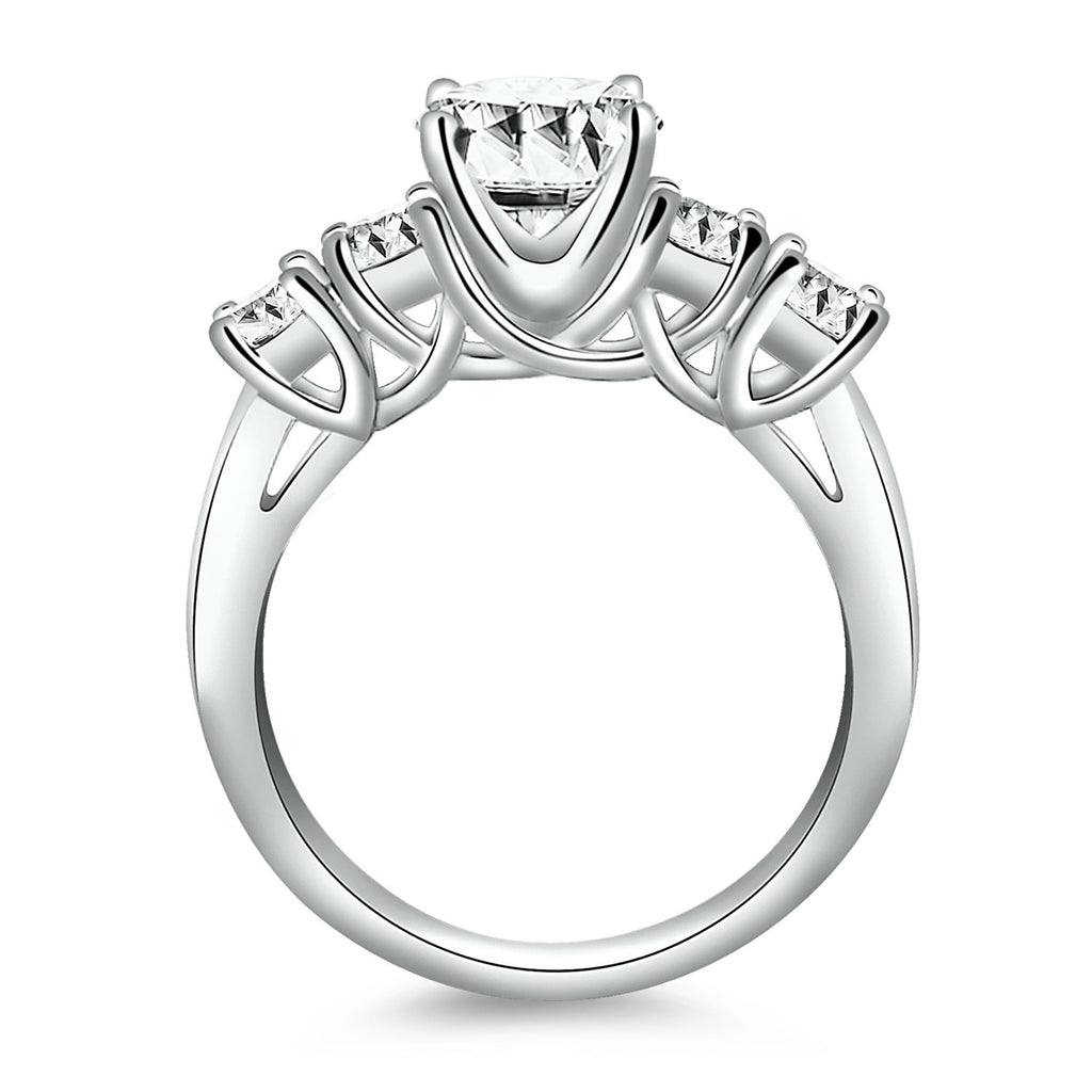 14k white gold five stone diamond trellis engagement ring with round brilliant diamonds in a minimalist design.