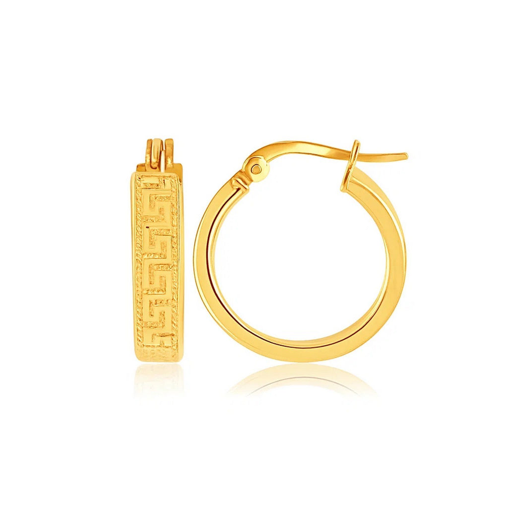 14k yellow gold small hoop earrings featuring a modern Greek key design, perfect for elegant everyday wear.