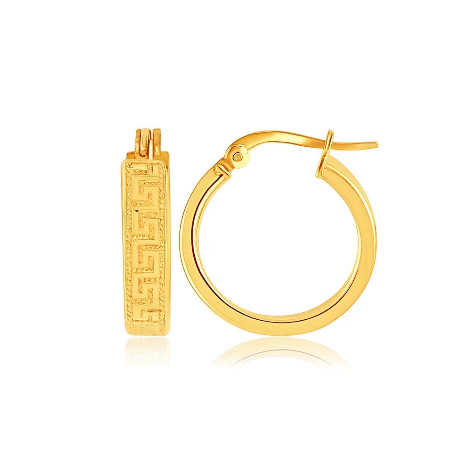 14k yellow gold small hoop earrings featuring a modern Greek key design, perfect for elegant everyday wear.