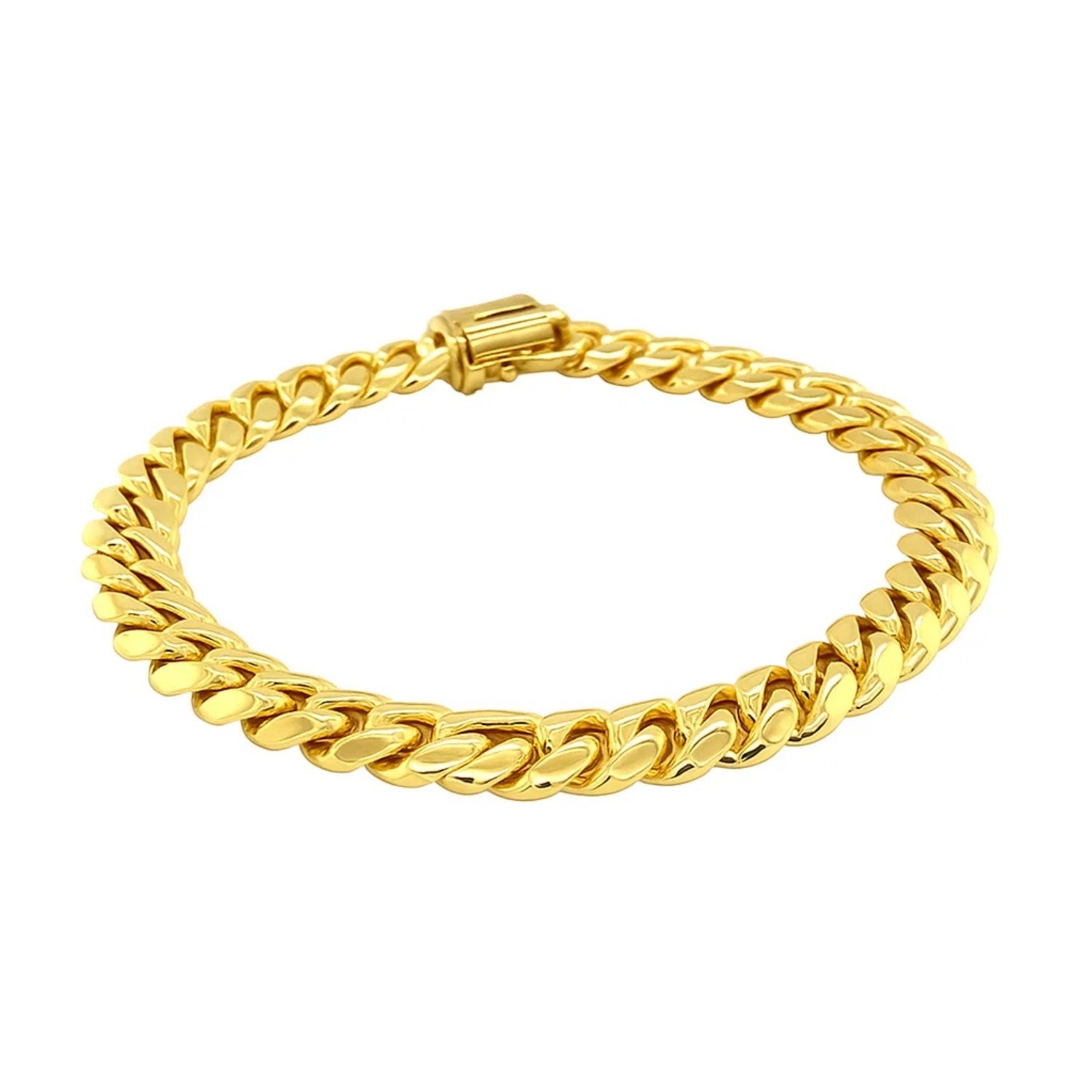 14k yellow gold classic Miami Cuban bracelet, 8.20 mm, featuring solid links for timeless elegance.
