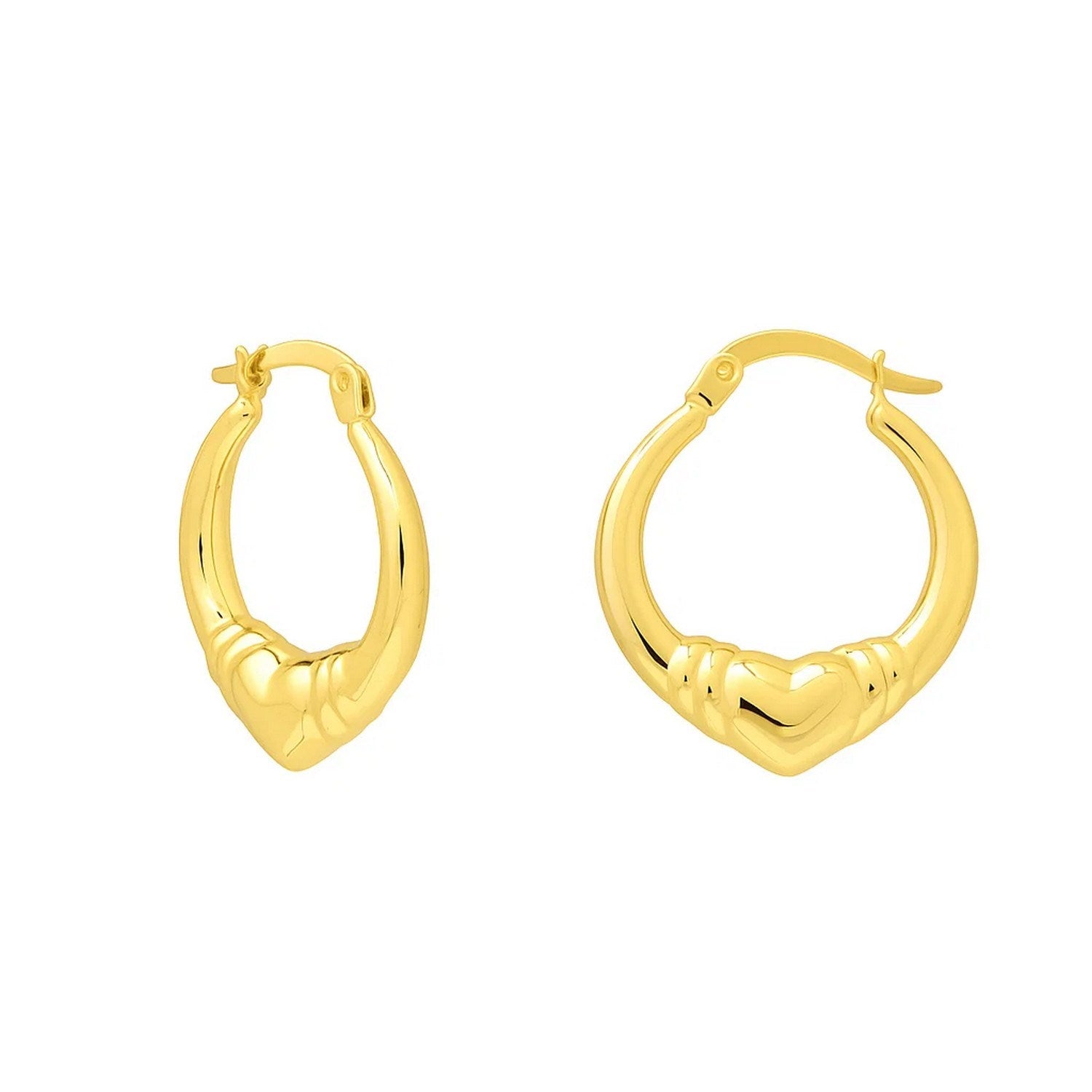 14k yellow gold polished heart hoop earrings, modern design with a luxurious shine, perfect for elegant occasions.