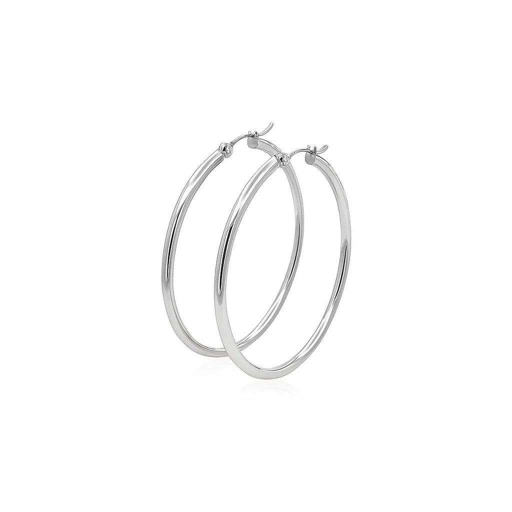 14k white gold polished hoop earrings showcasing a sleek, modern design for elegant everyday wear.