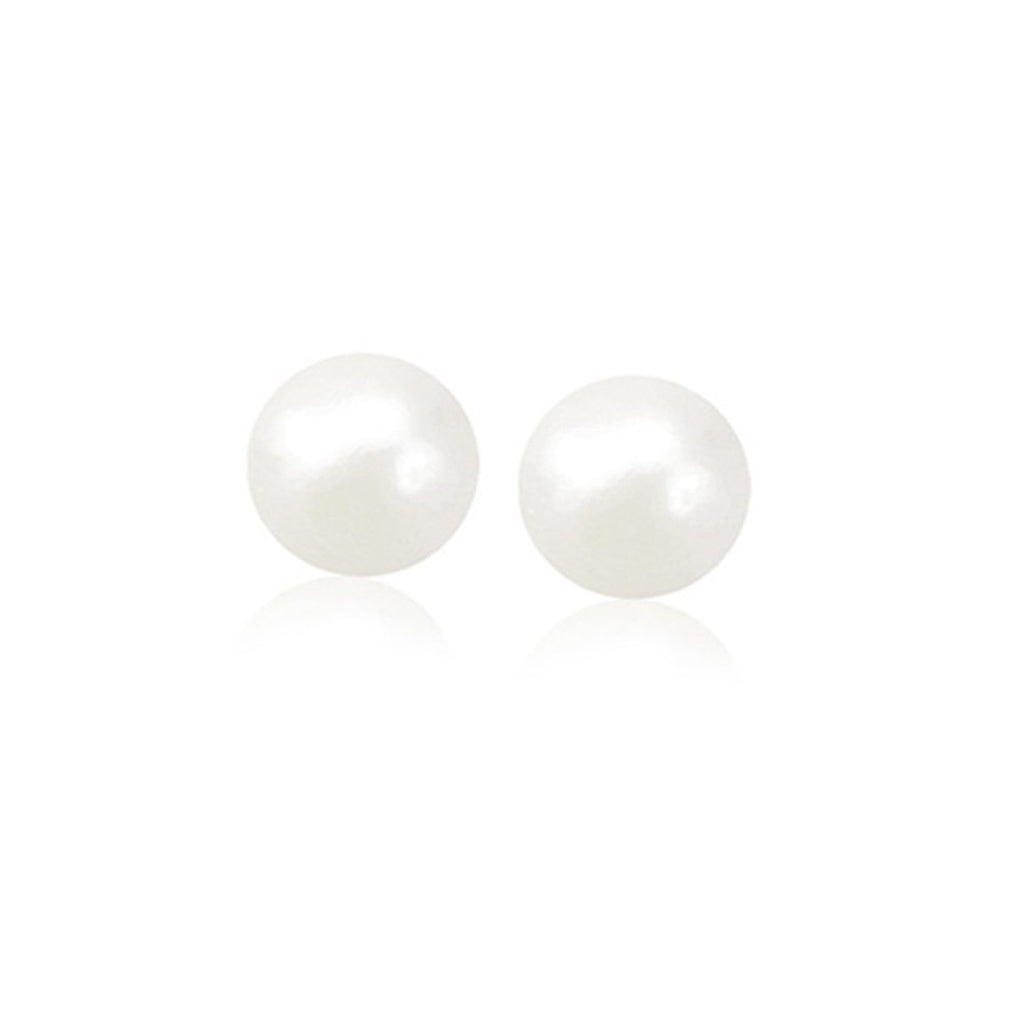 14k yellow gold stud earrings featuring 8mm round freshwater cultured pearls in a modern design.