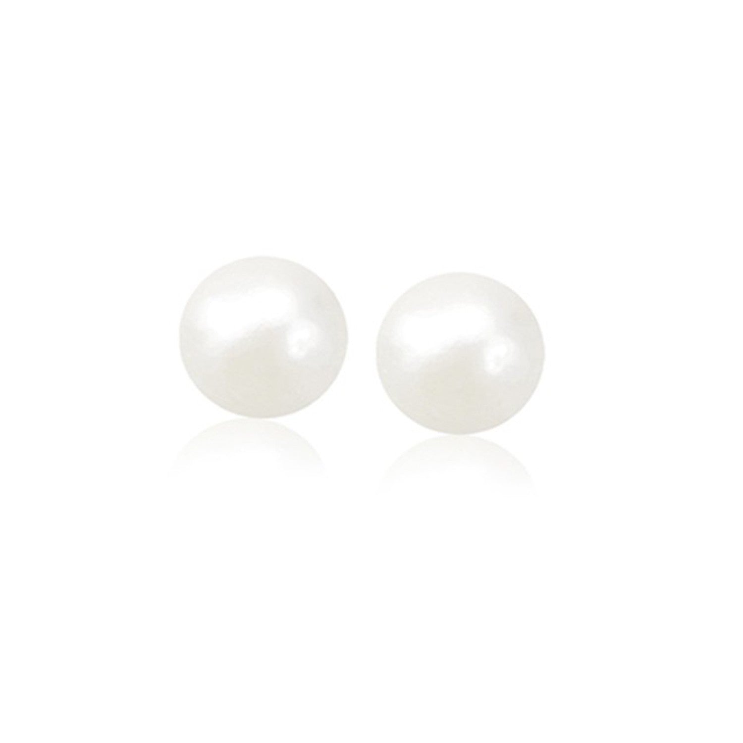 14k yellow gold stud earrings featuring 8mm round freshwater cultured pearls in a modern design.