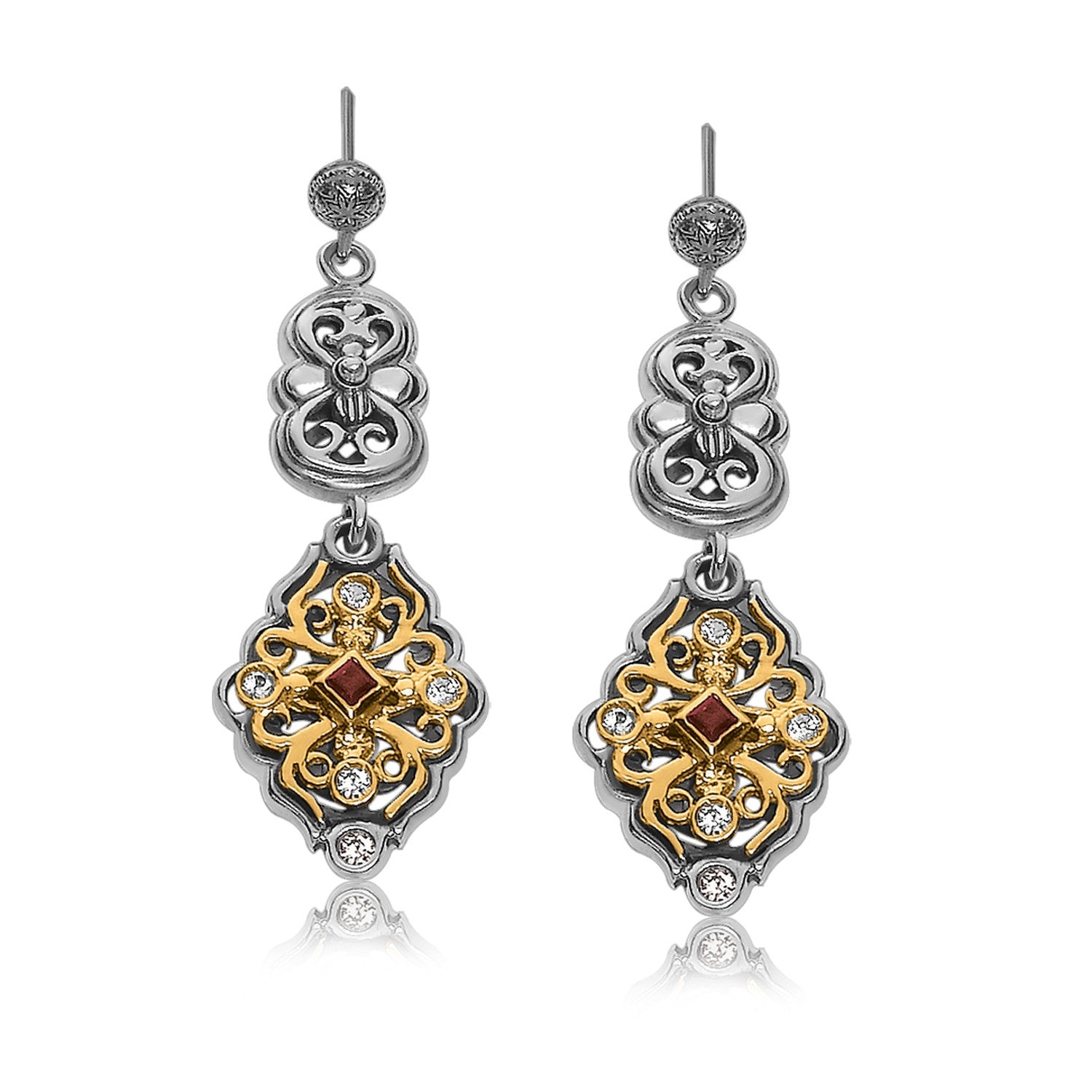 18K Yellow Gold and Sterling Silver Filigree Open Oval Dangling Earrings