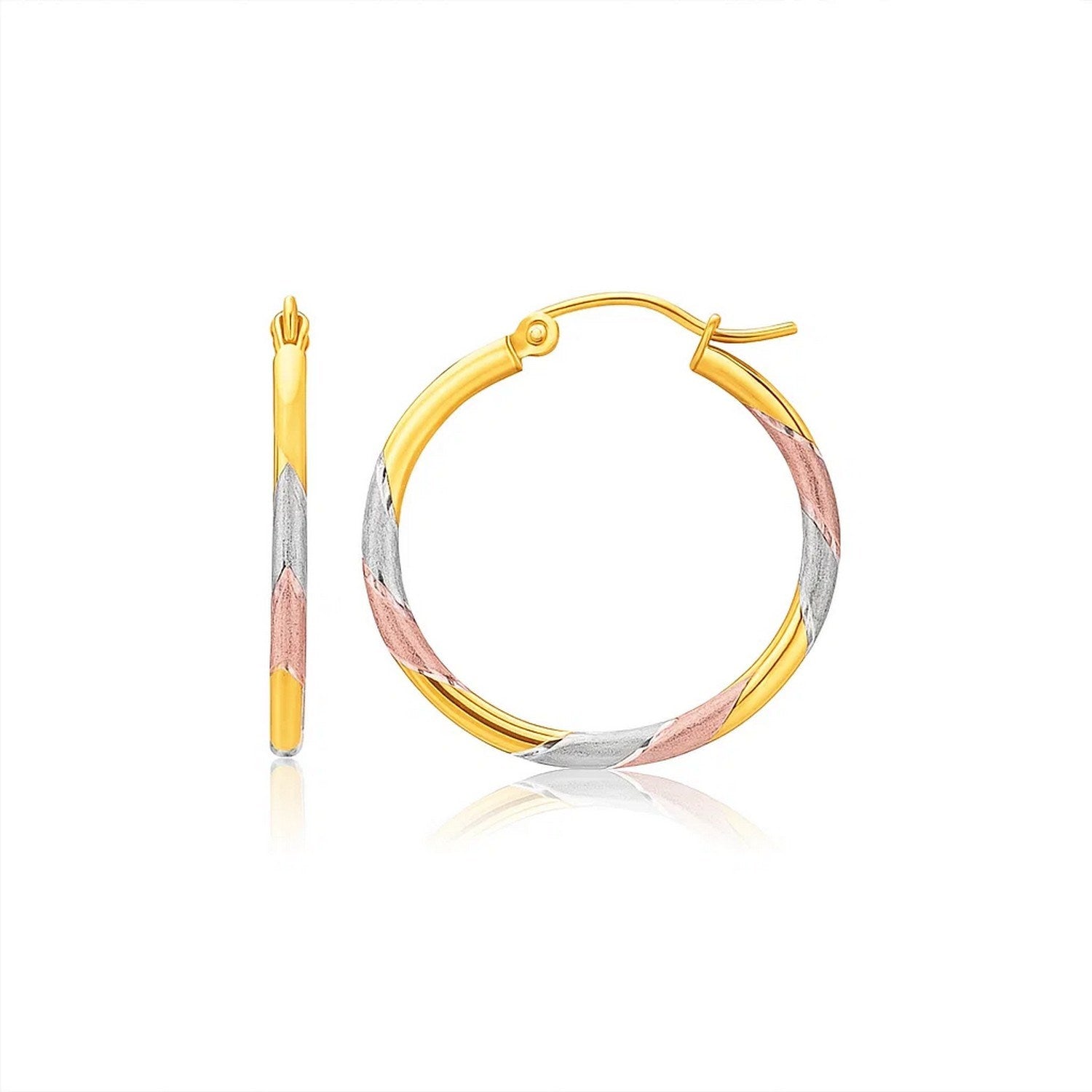 14k tri-color gold textured hoop earrings, embodying minimalist elegance and luxurious craftsmanship.