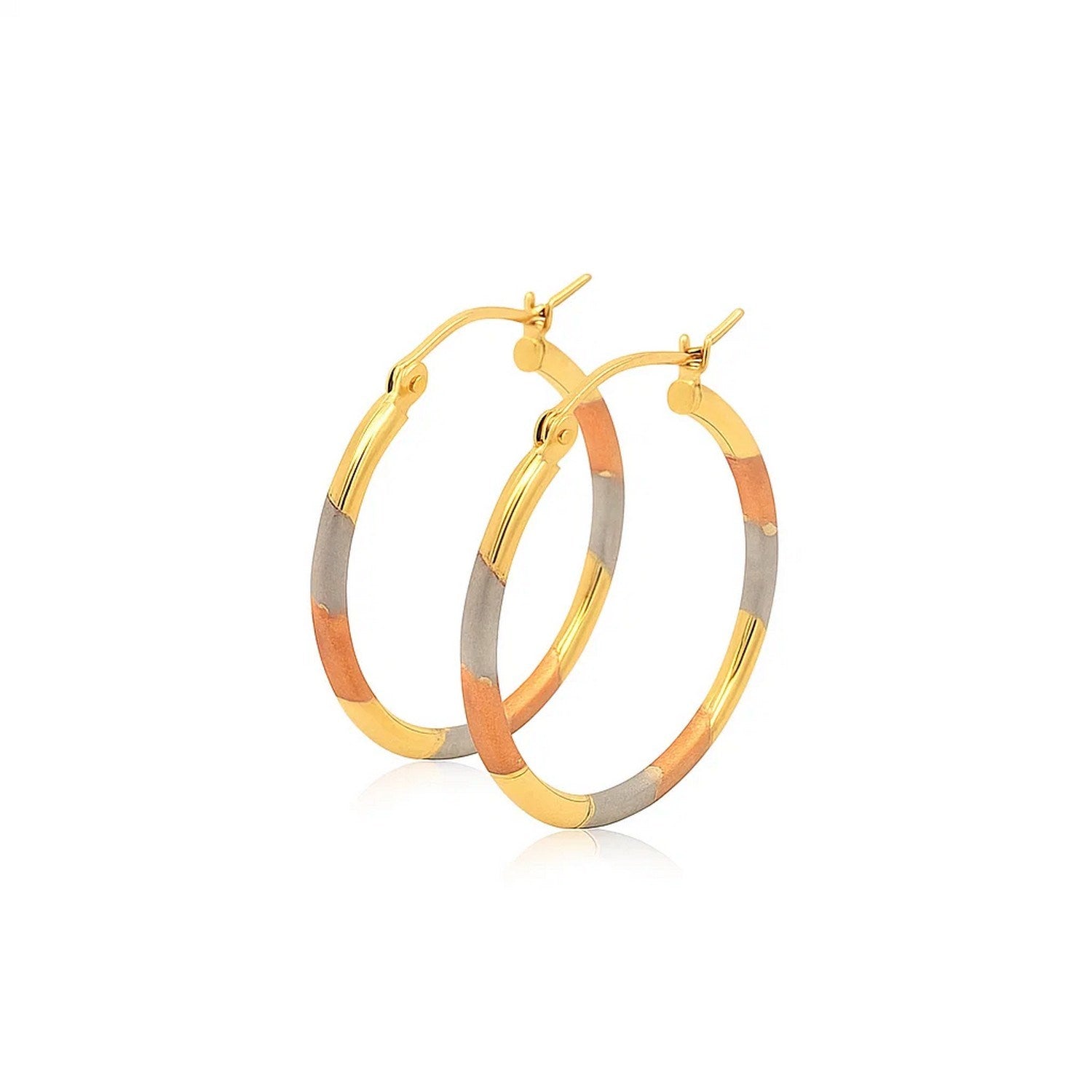 14k tri-color gold textured hoop earrings exuding minimalist elegance, perfect for sophisticated style.