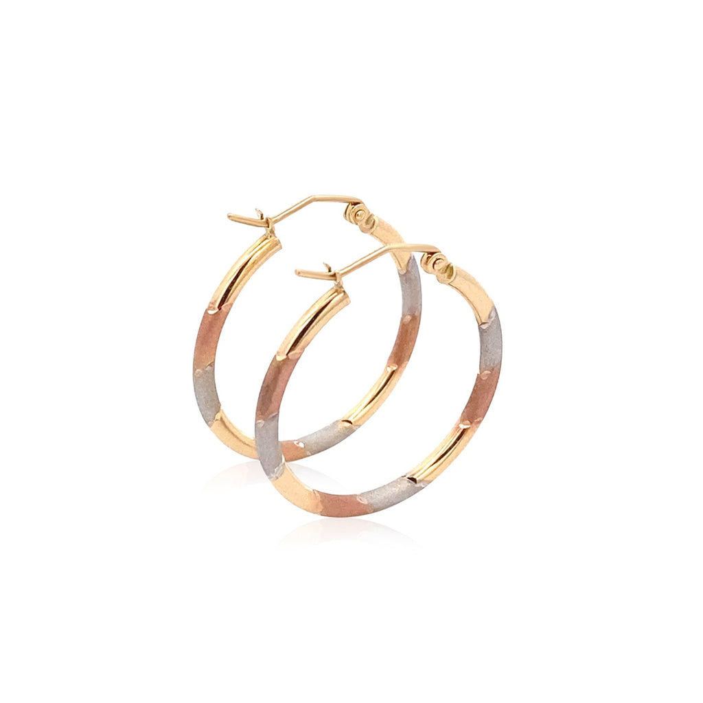 14k tri-color gold textured hoop earrings showcasing a minimalist design for elegant everyday wear.