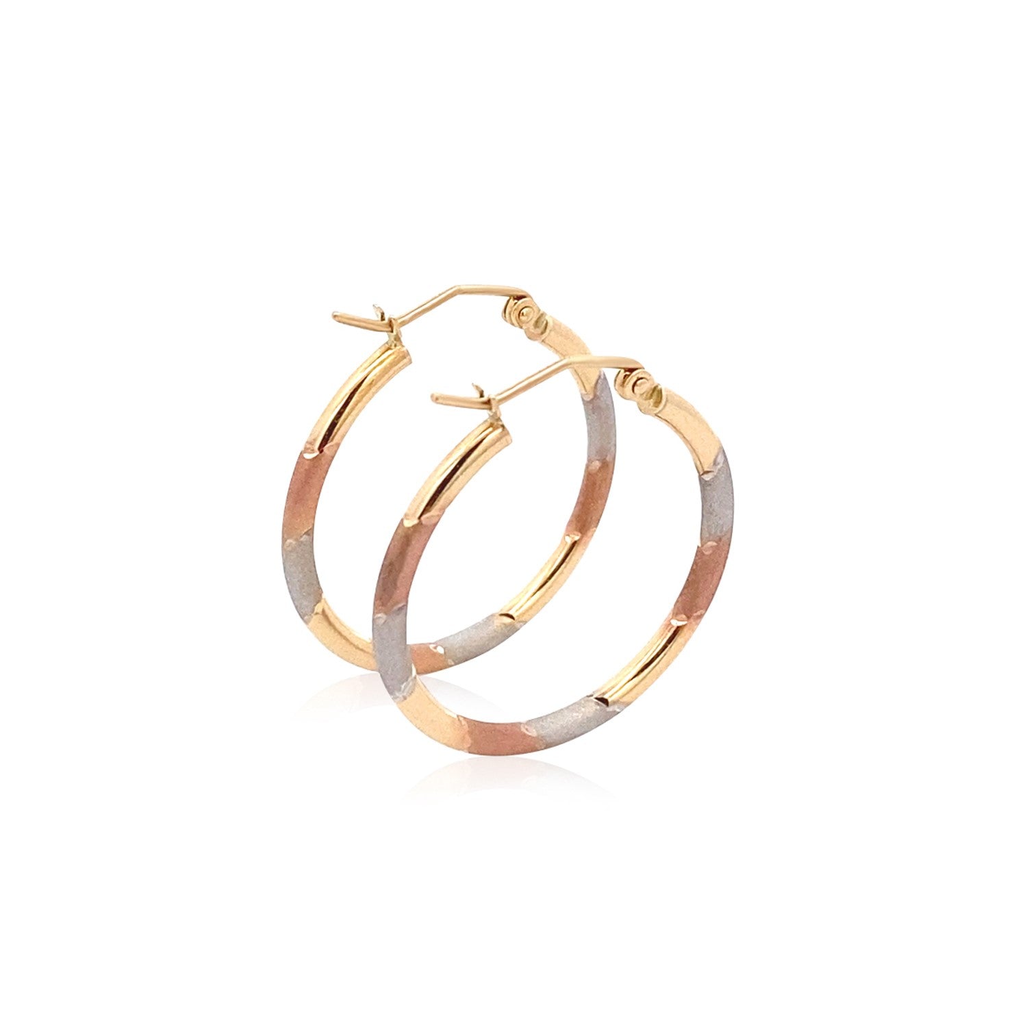 14k tri-color gold textured hoop earrings showcasing a minimalist design for elegant everyday wear.