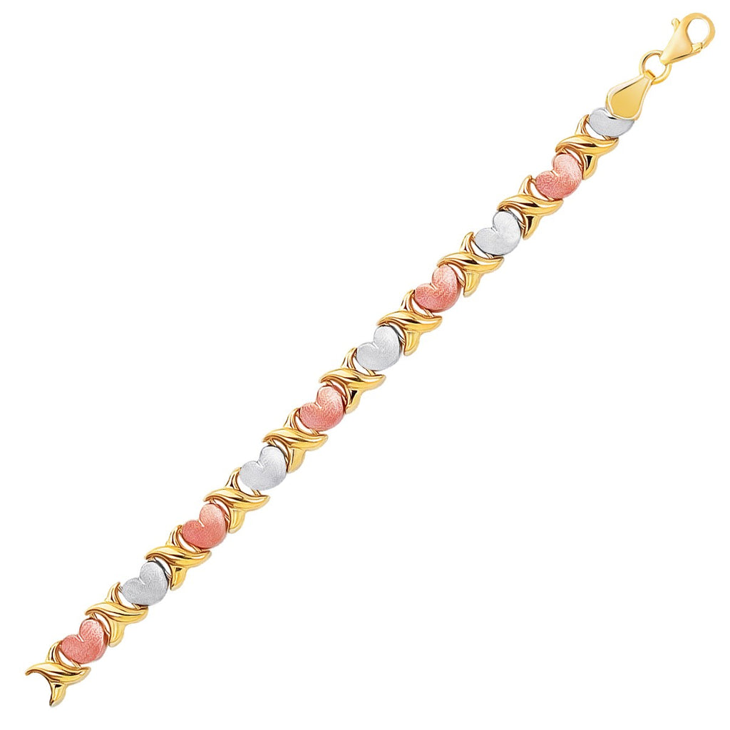 14k tri-color gold fancy satin heart line bracelet featuring a modern link design, perfect for elegant layering.