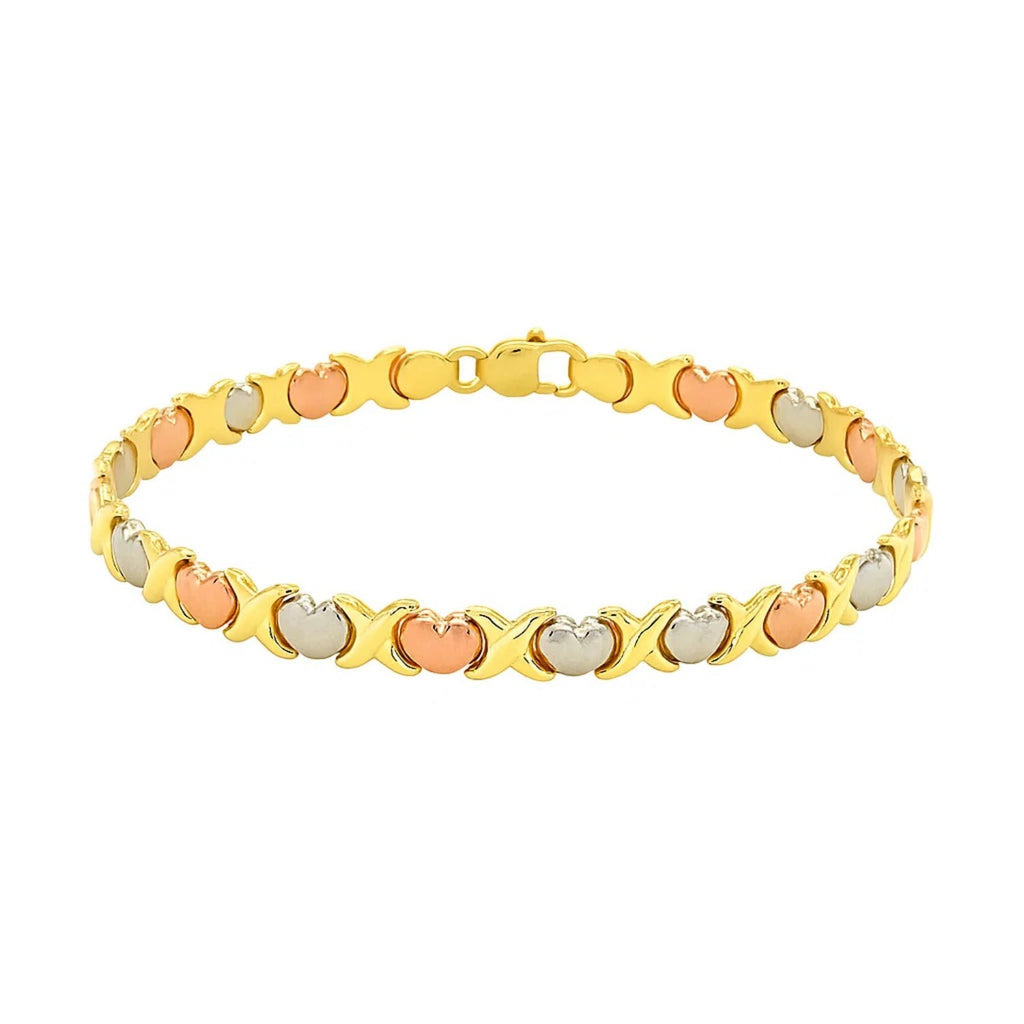 14k tri-color gold fancy satin heart line bracelet, modern design with elegant link details, perfect for luxury styling.