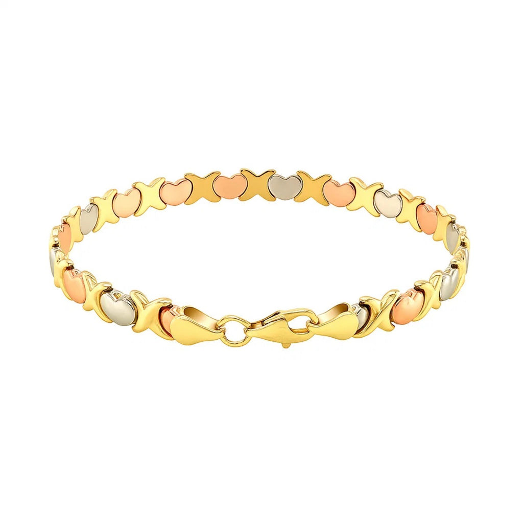 14k tri-color gold fancy satin heart line bracelet with elegant link design, perfect for modern luxury styling.