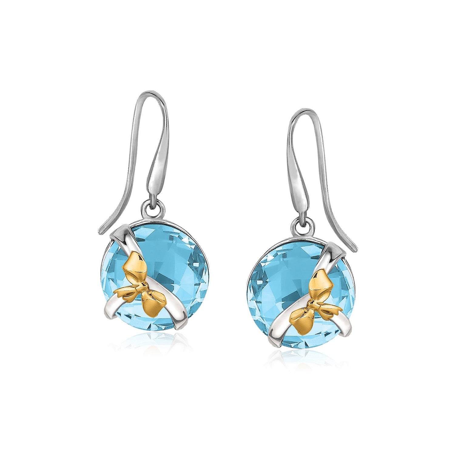 18K Yellow Gold and Sterling Silver Bow Motif Blue Topaz Drop Earrings