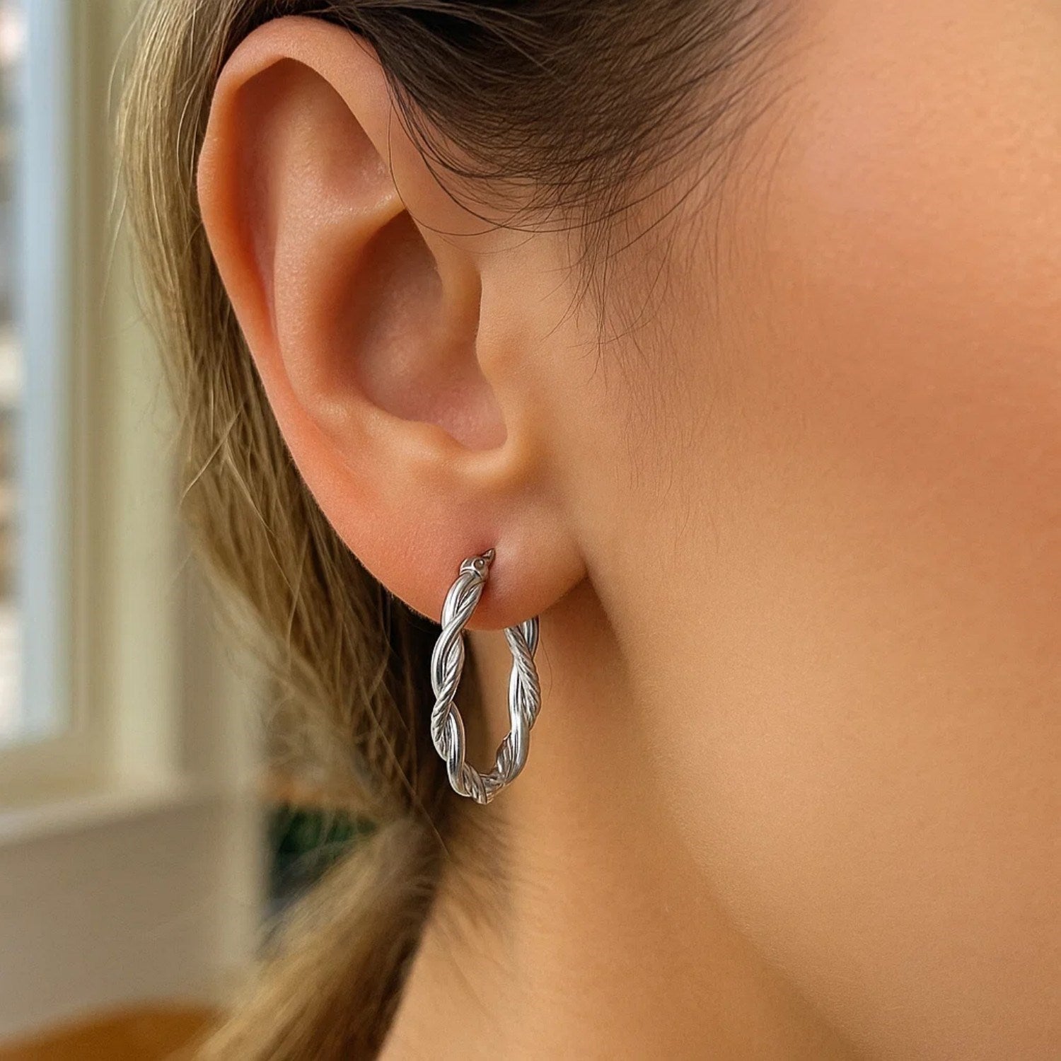 Sterling Silver Braided Diamond Cut Hoop Earrings