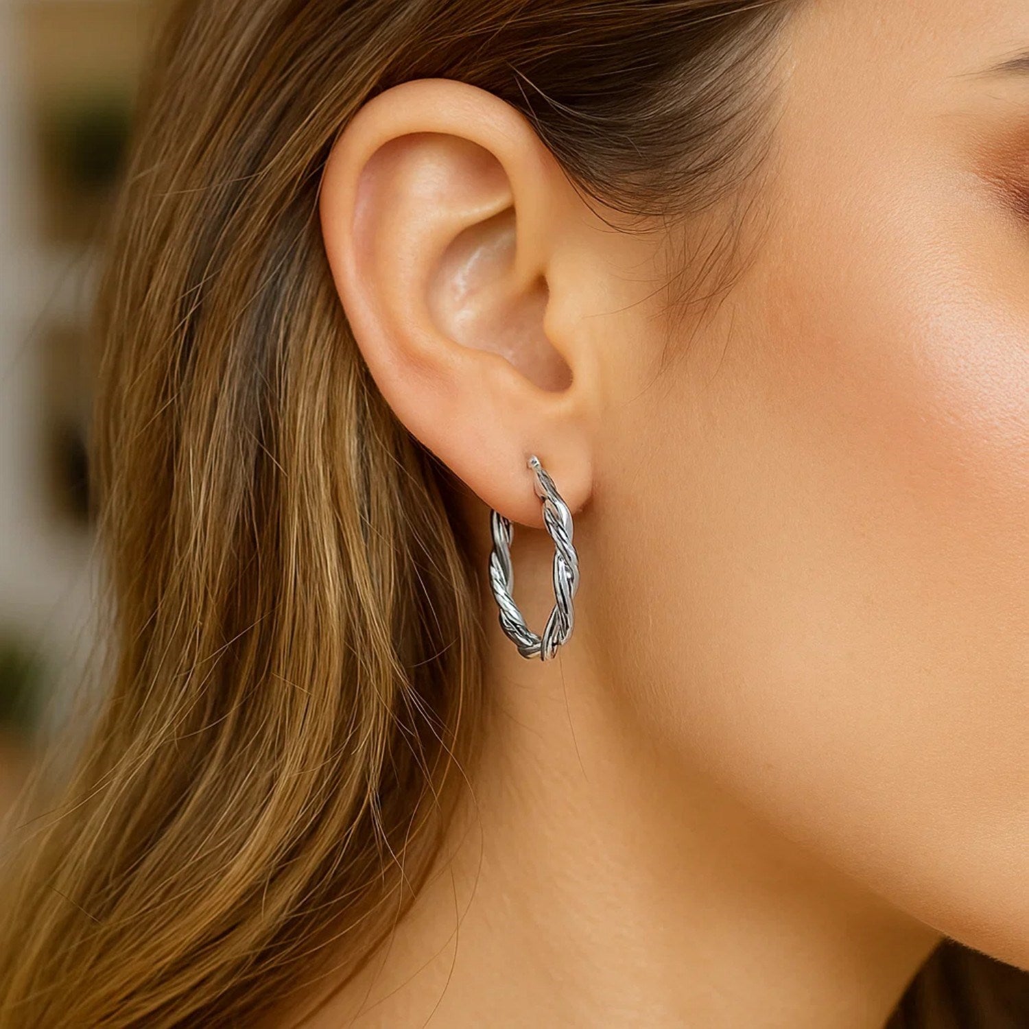 Sterling Silver Braided Diamond Cut Hoop Earrings