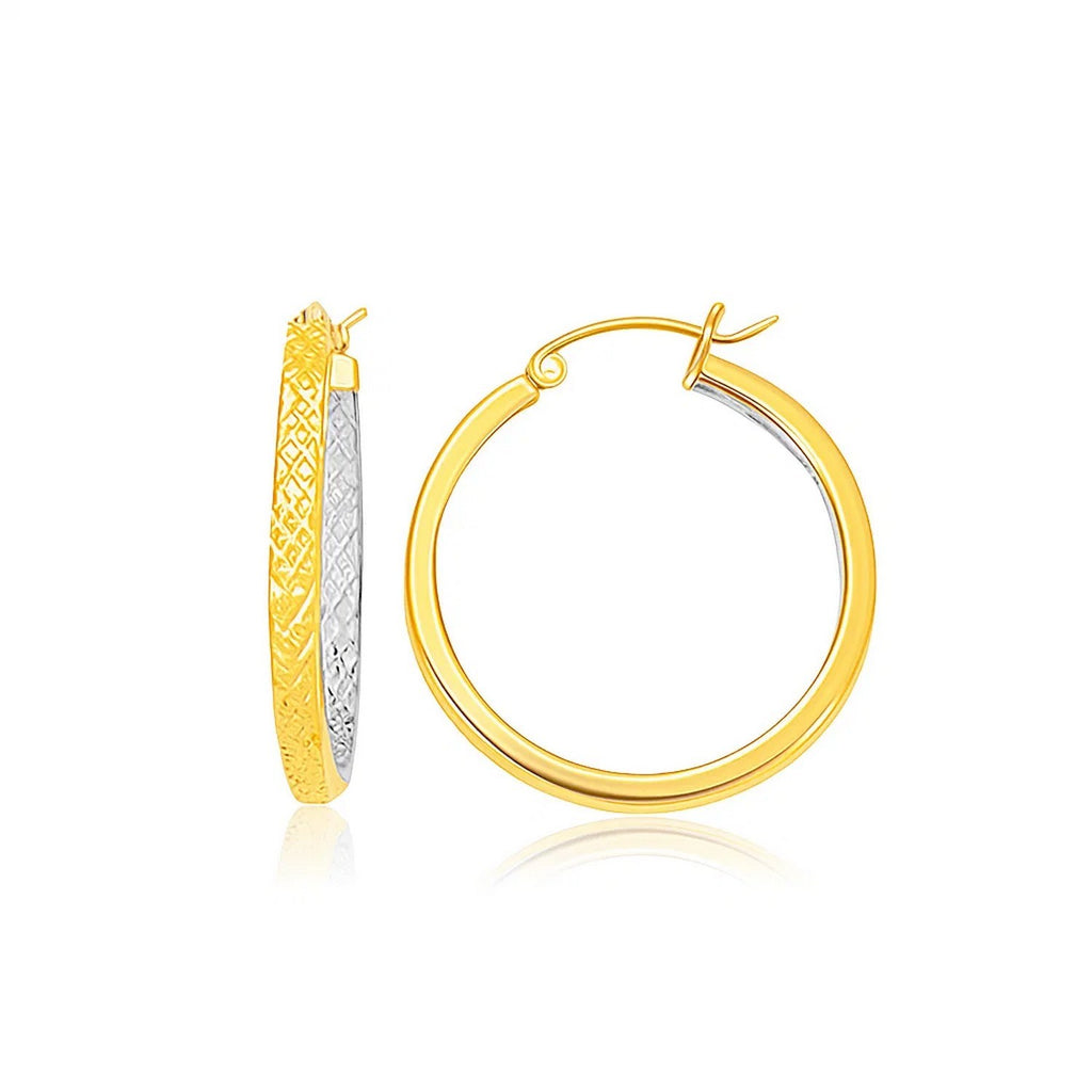 14K two-tone yellow and white gold petite patterned hoop earrings, showcasing elegant craftsmanship and timeless style.