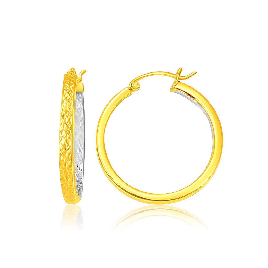 14k two-tone yellow and white gold textured hoop earrings, embodying modern elegance and luxury craftsmanship.