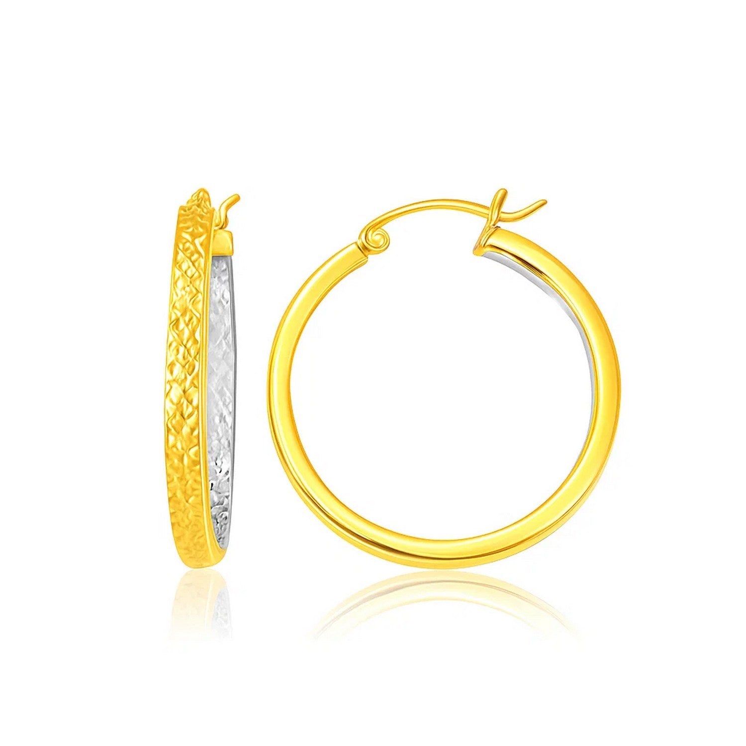 14k two-tone yellow and white gold textured hoop earrings, embodying modern elegance and luxury craftsmanship.