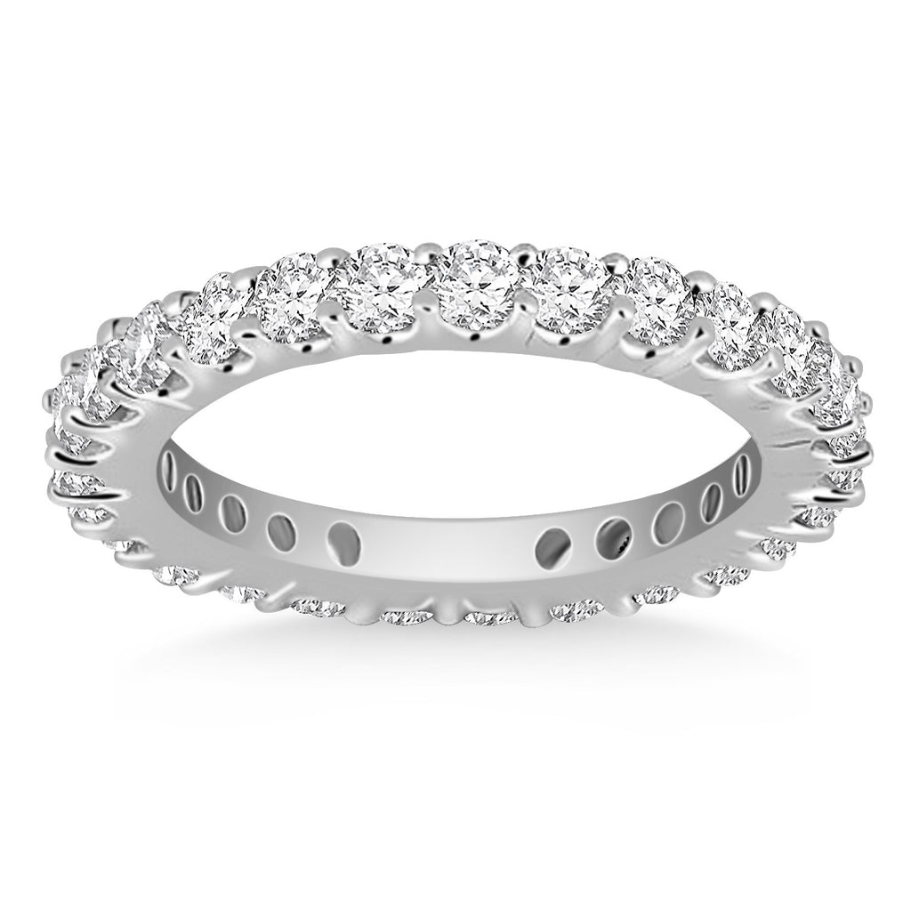 14k white gold eternity ring featuring round diamonds in a classic prong setting for timeless elegance.