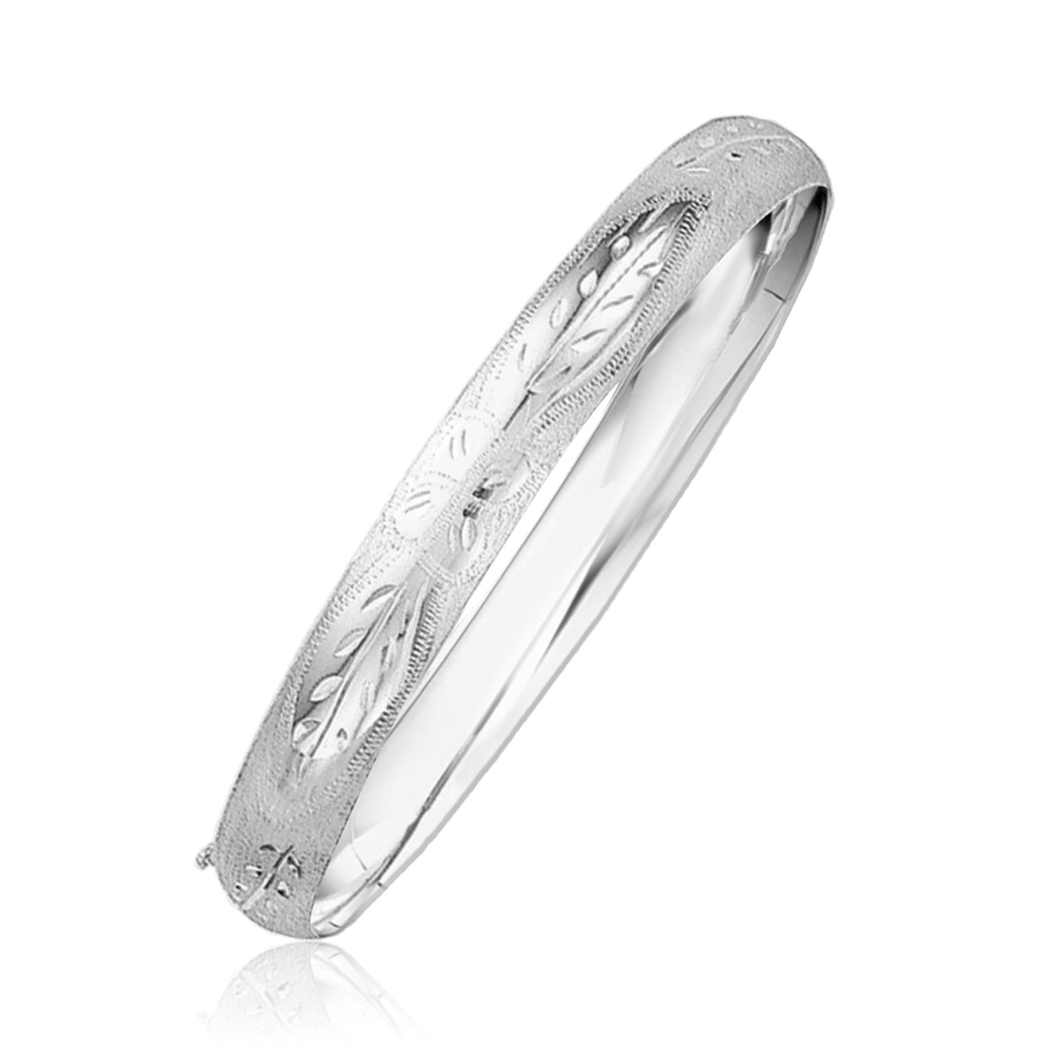 Classic floral carved bangle in luxurious 14k white gold, showcasing timeless elegance and exquisite craftsmanship.