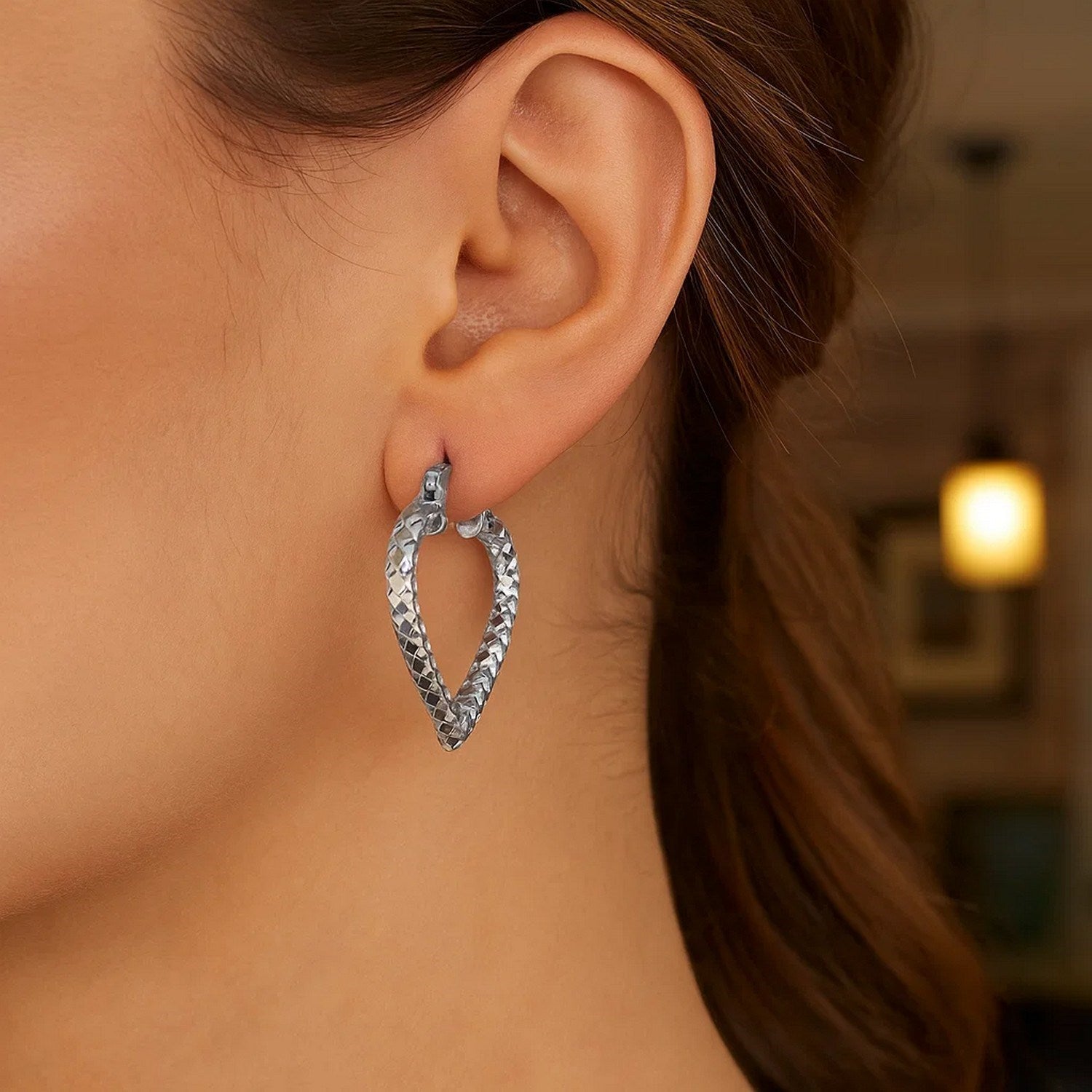 Sterling Silver Rhodium Plated Diamond Cut Hoop Earrings