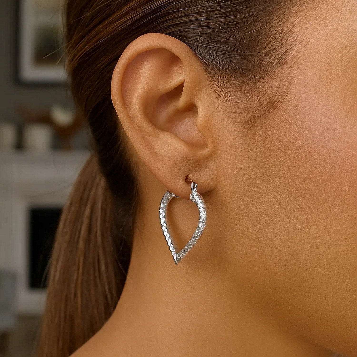 Sterling Silver Rhodium Plated Diamond Cut Hoop Earrings