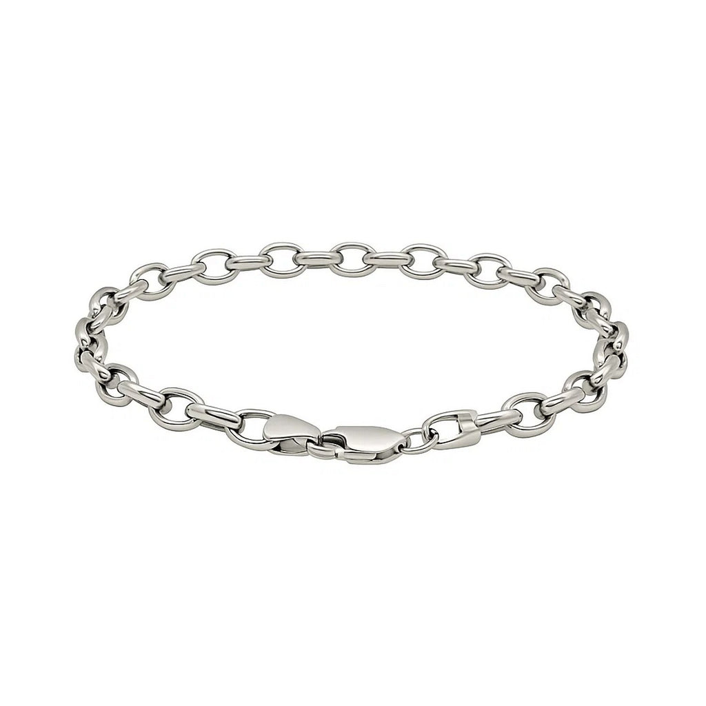 14k white gold oval rolo bracelet with classic design, featuring elegant links and a polished finish.