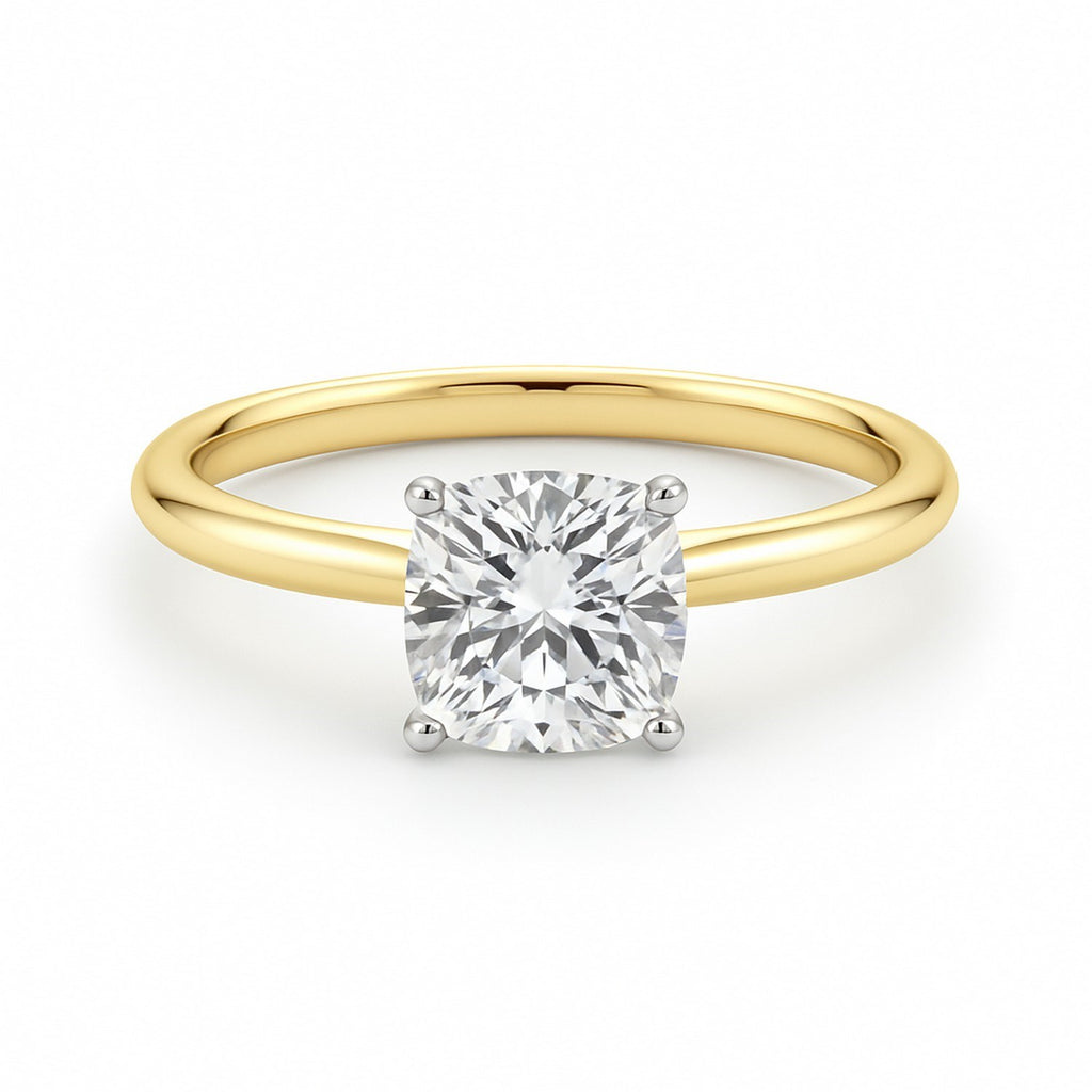 1.50Ct cushion cut lab-grown diamond ring in 10K yellow gold, featuring elegant prong setting and refined design.