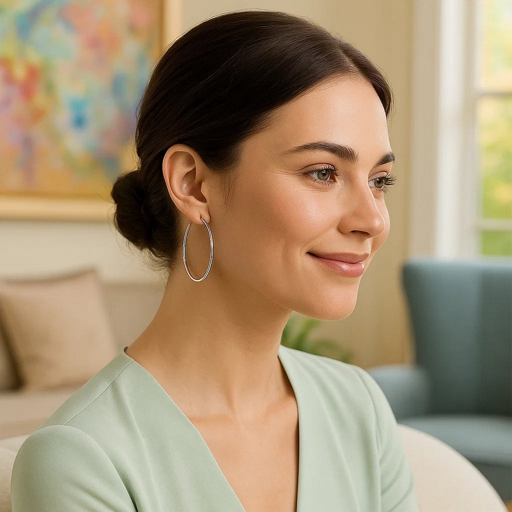 Polished 14k white gold modern hoop earrings showcasing a sleek, round design for elegant sophistication.