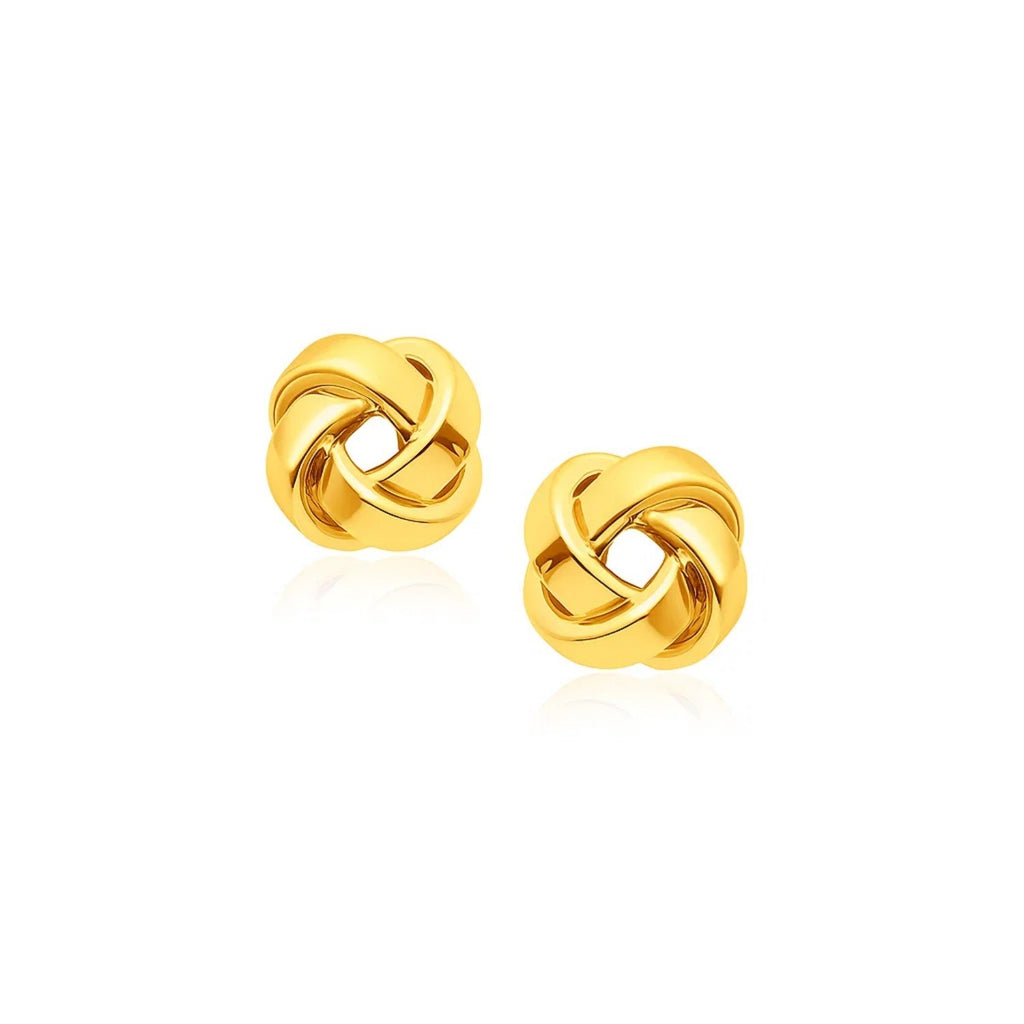 14k yellow gold classic love knot stud earrings, elegantly intertwined for timeless sophistication.