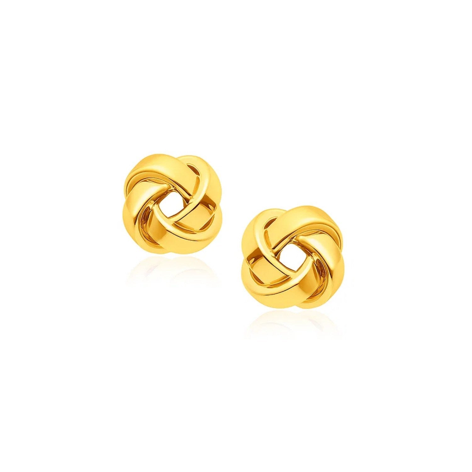 14k yellow gold classic love knot stud earrings, elegantly intertwined for timeless sophistication.