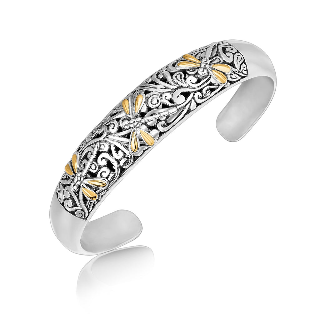 18k yellow gold and sterling silver vintage dragonfly cuff bangles with intricate flourishes and luxurious design.
