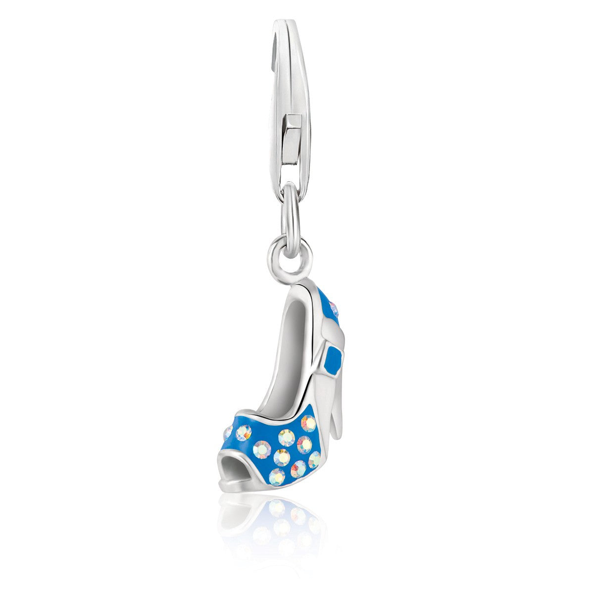 Sterling silver high heel shoe charm with blue enamel finish and sparkling crystals for an elegant touch.