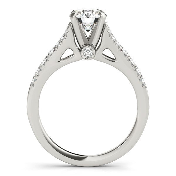 14k white gold split shank diamond engagement ring featuring a prong set round brilliant stone, elegant design.