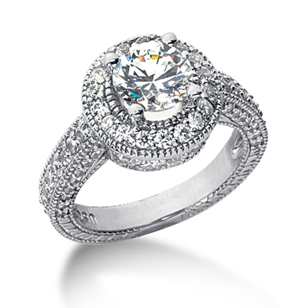14k white gold vintage halo ring semi-mount featuring exquisite round diamonds for a timeless elegance.