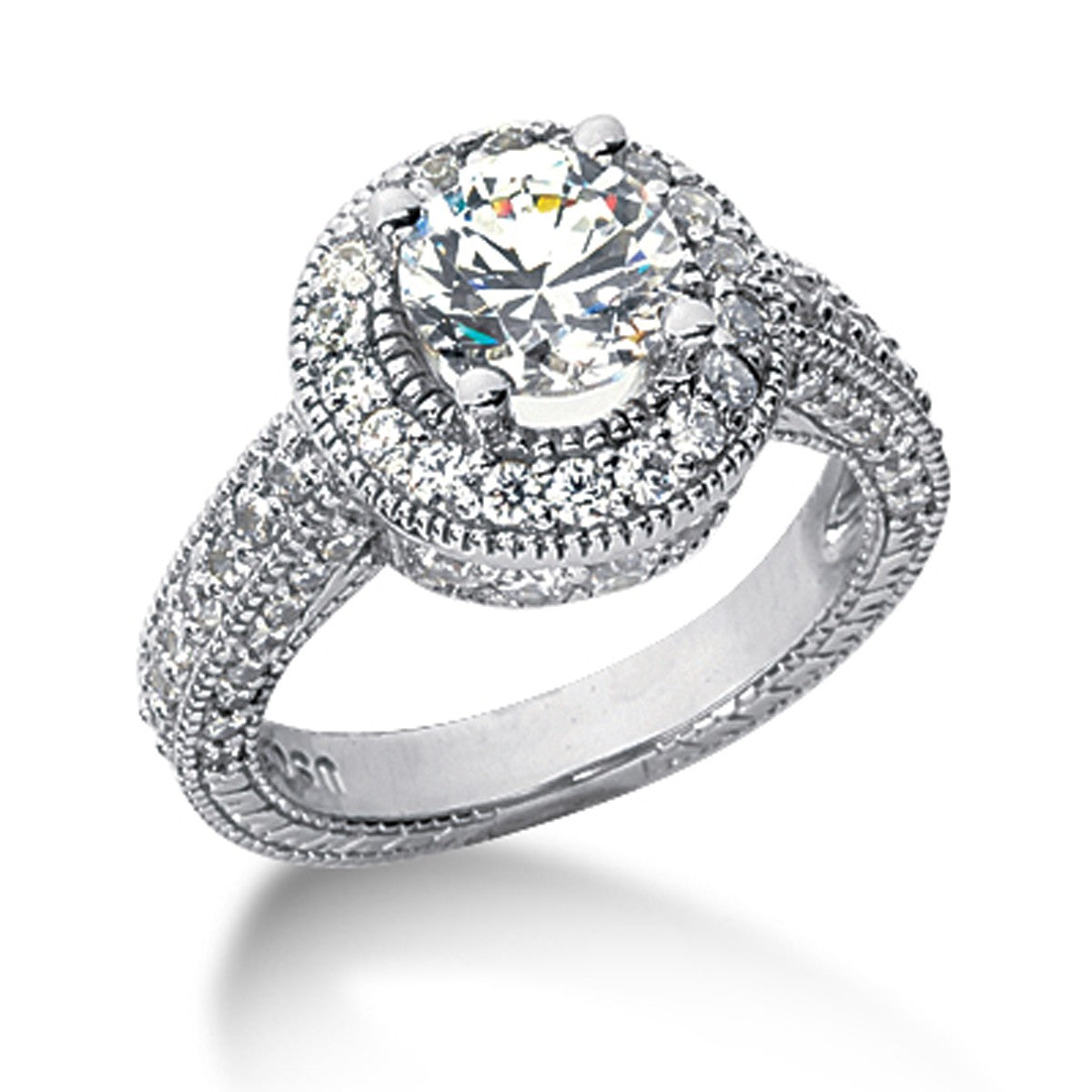 14k white gold vintage halo ring semi-mount featuring exquisite round diamonds for a timeless elegance.