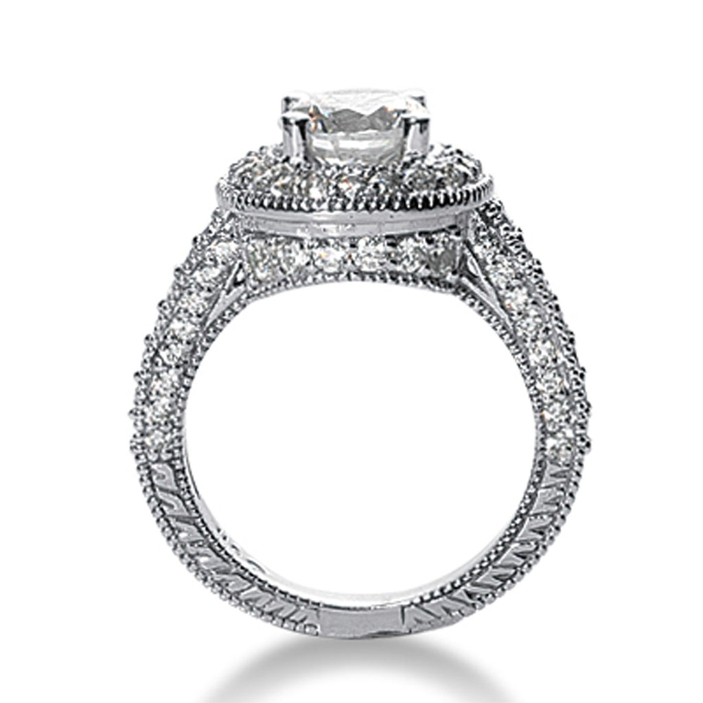 14k white gold vintage halo ring semi-mount featuring exquisite round diamonds for a timeless elegance.