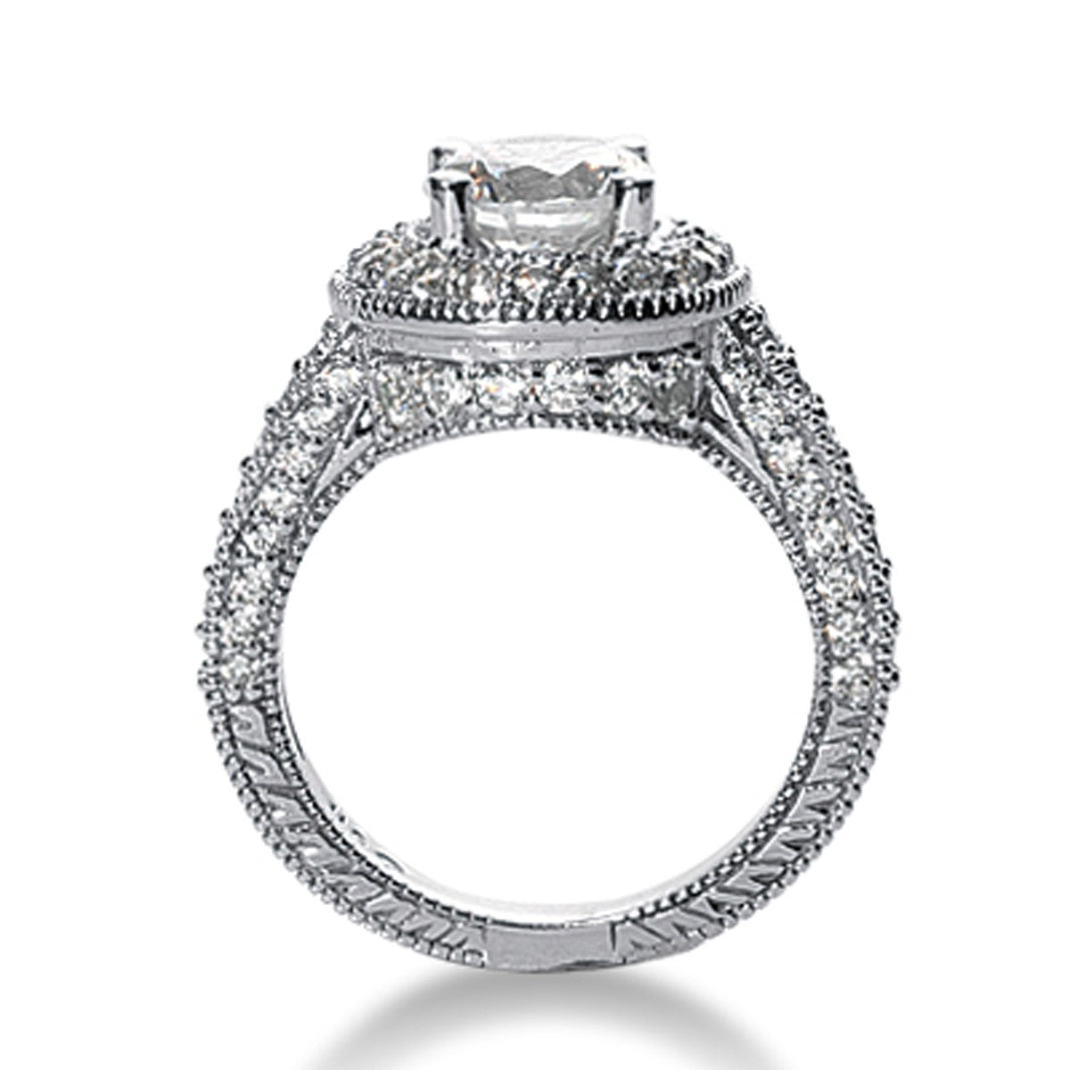 14k white gold vintage halo ring semi-mount featuring exquisite round diamonds for a timeless elegance.
