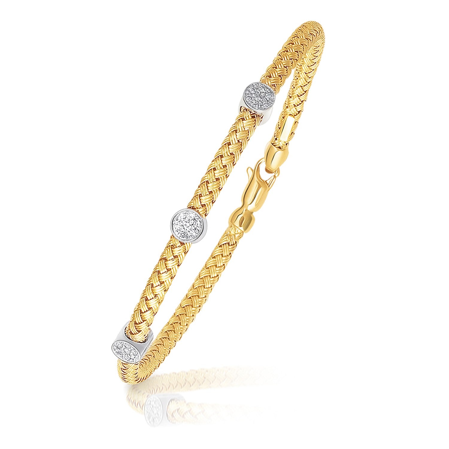 14k two-tone gold bracelet featuring diamond accents in a modern basket weave design, 3.80 mm width.