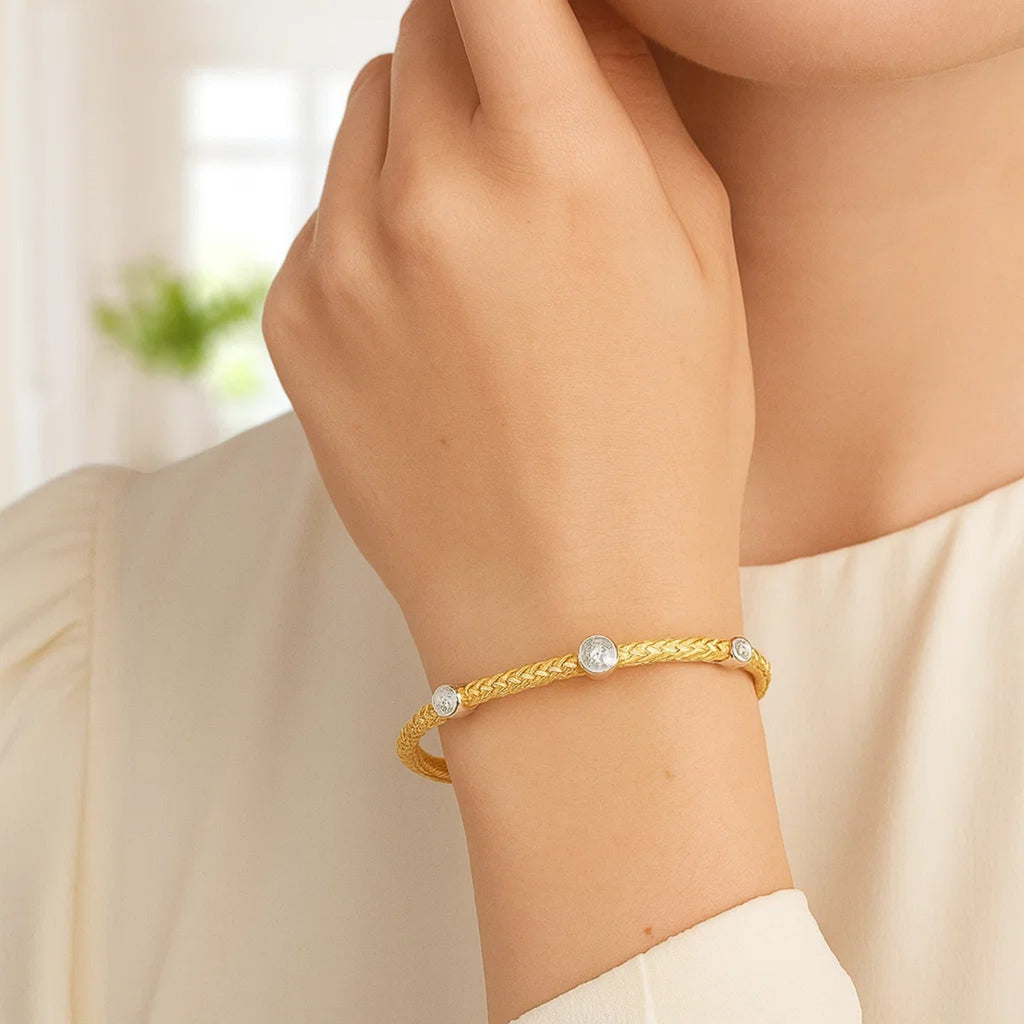 14k two-tone gold bracelet featuring diamond accents in a modern basket weave design, 3.80 mm width.