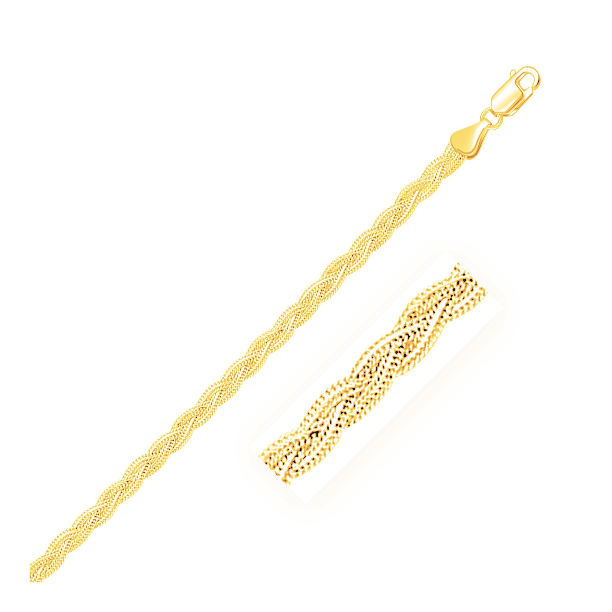 14k yellow gold braided foxtail anklet, showcasing elegant chain design for a luxurious touch to any outfit.