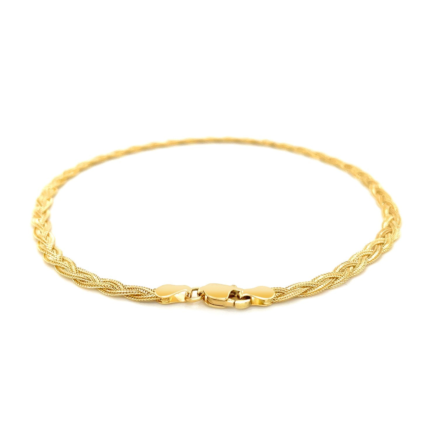 14k yellow gold braided foxtail anklet showcasing elegant chain design for refined luxury style.