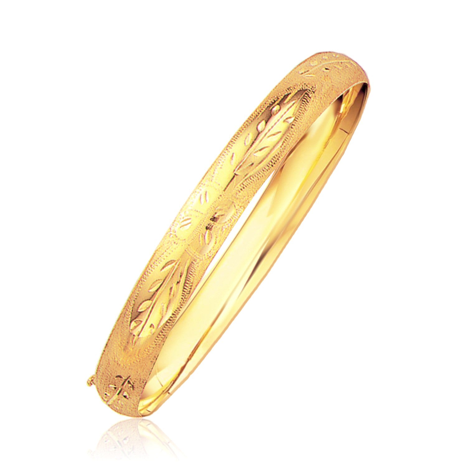 Classic floral carved bangle in luxurious 14k yellow gold, showcasing timeless elegance and exquisite craftsmanship.