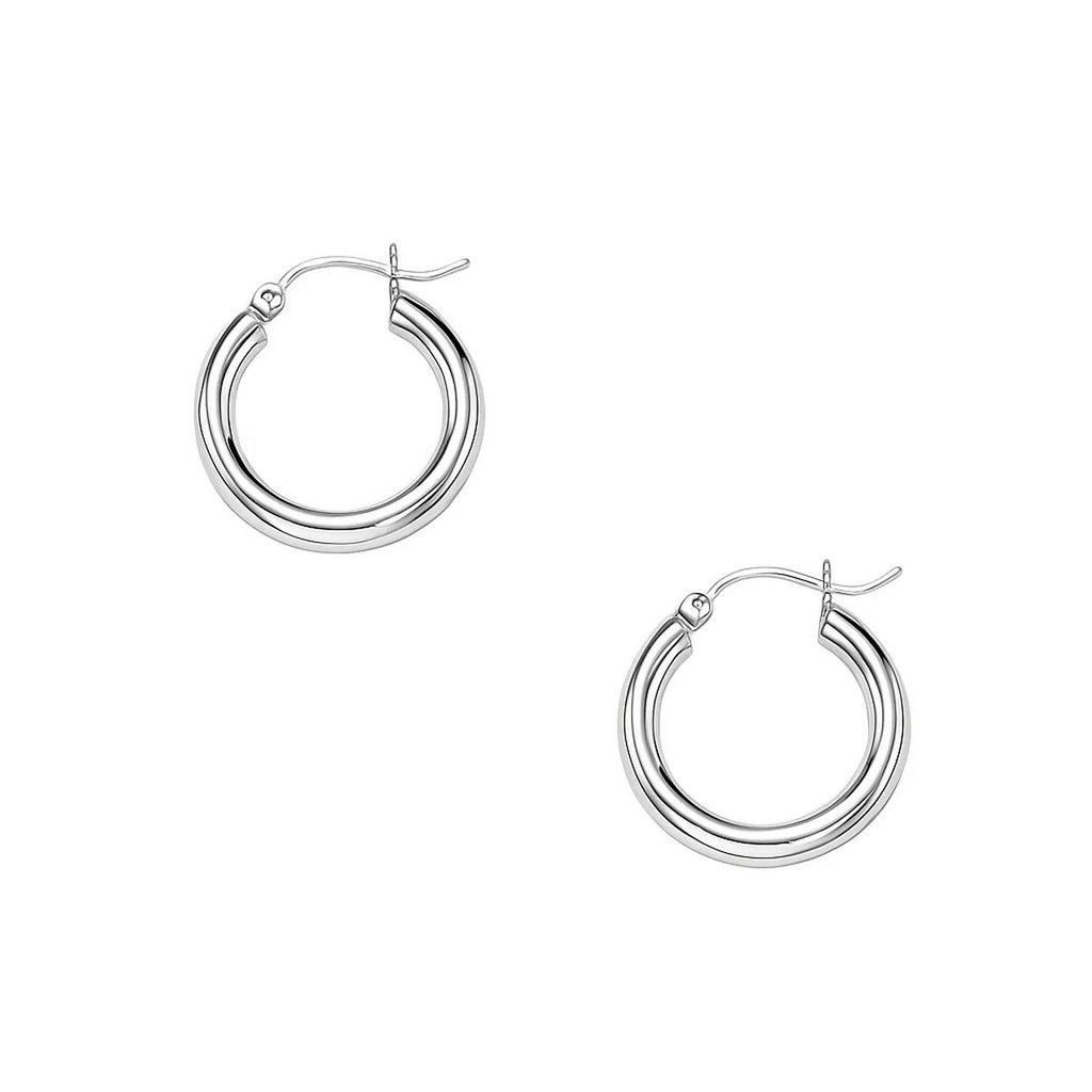 14k white gold polished hoop earrings featuring a sleek modern design, perfect for elegant everyday wear.