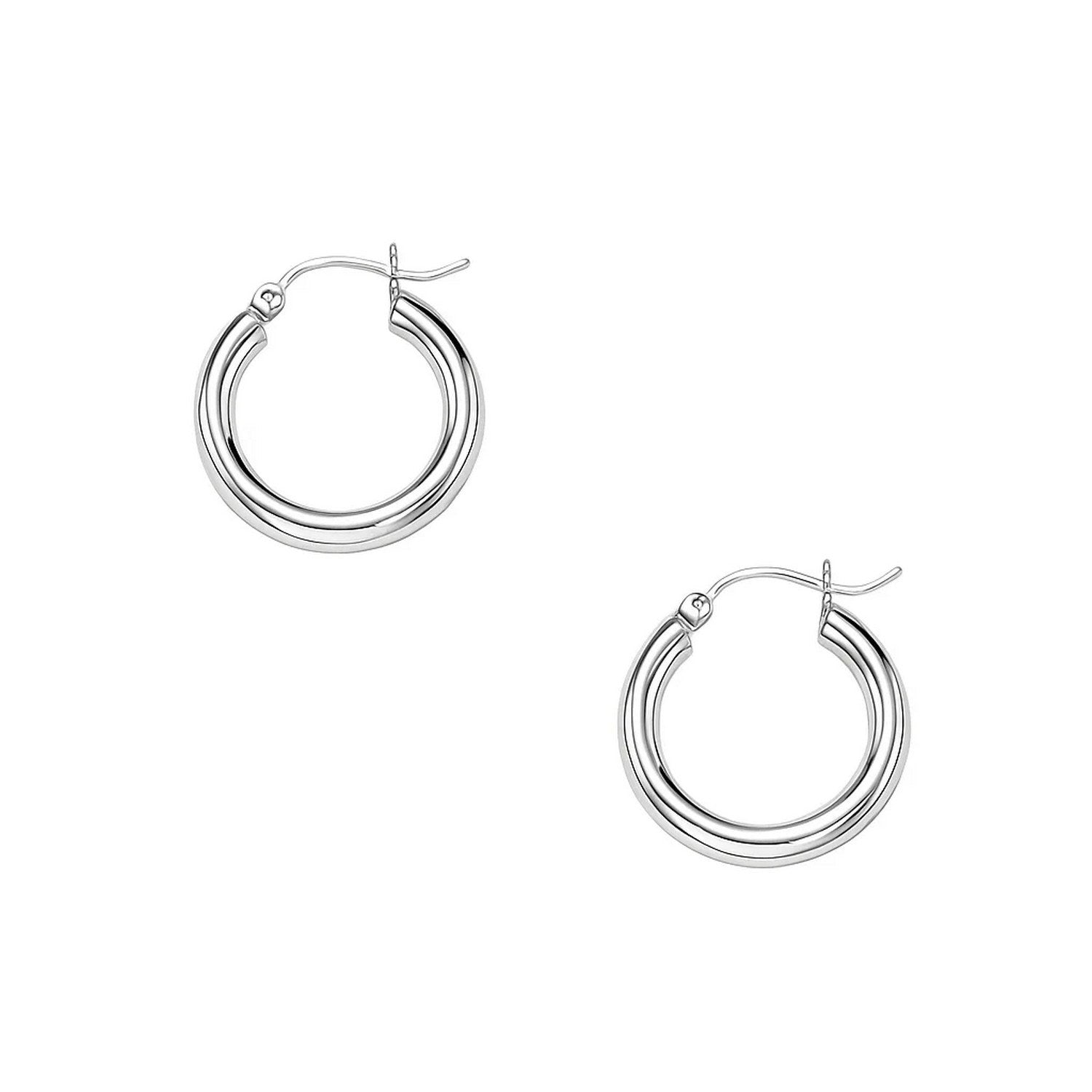 14k white gold polished hoop earrings featuring a sleek modern design, perfect for elegant everyday wear.