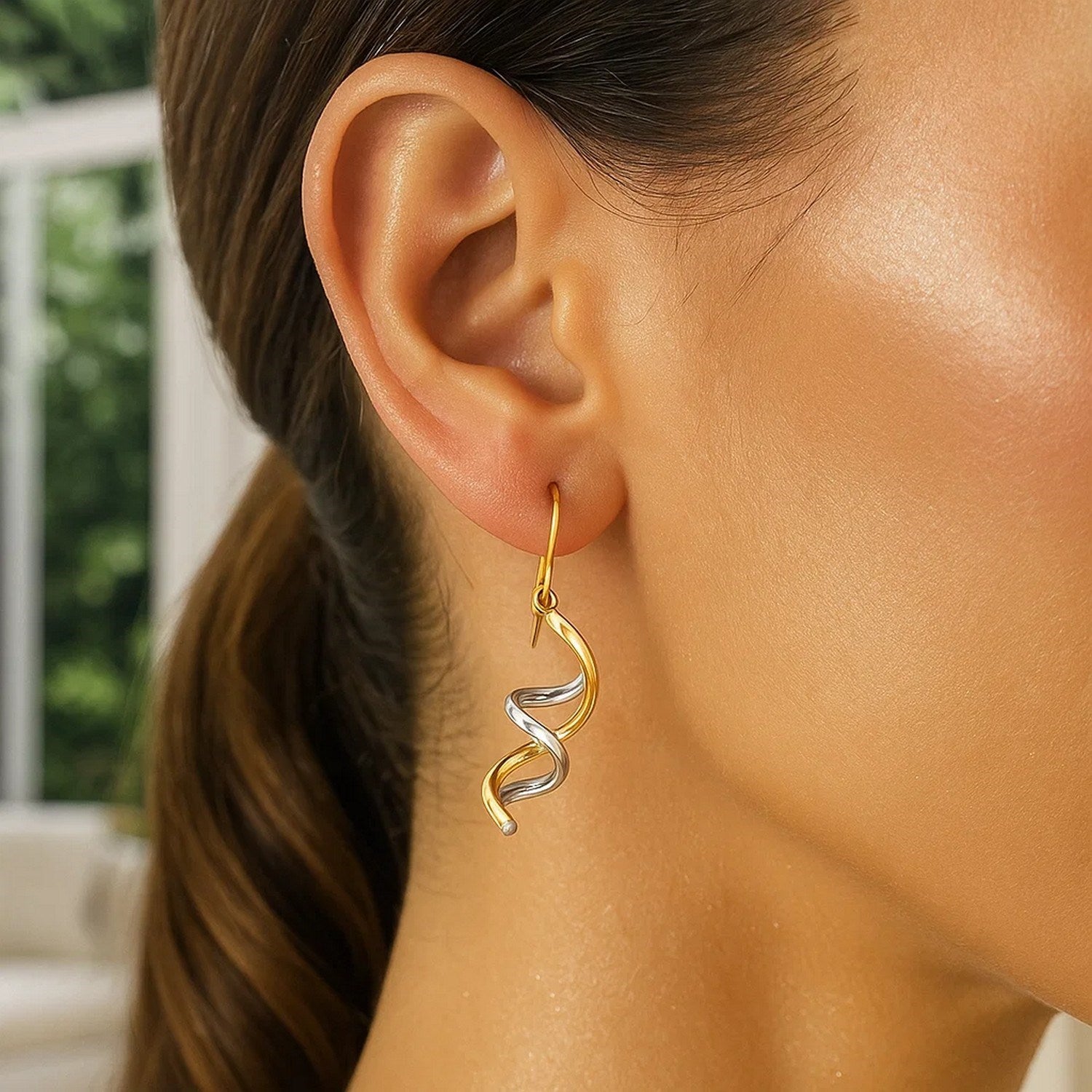 14k two-tone gold polished dangle earrings featuring a modern design and elegant movement for sophisticated style.