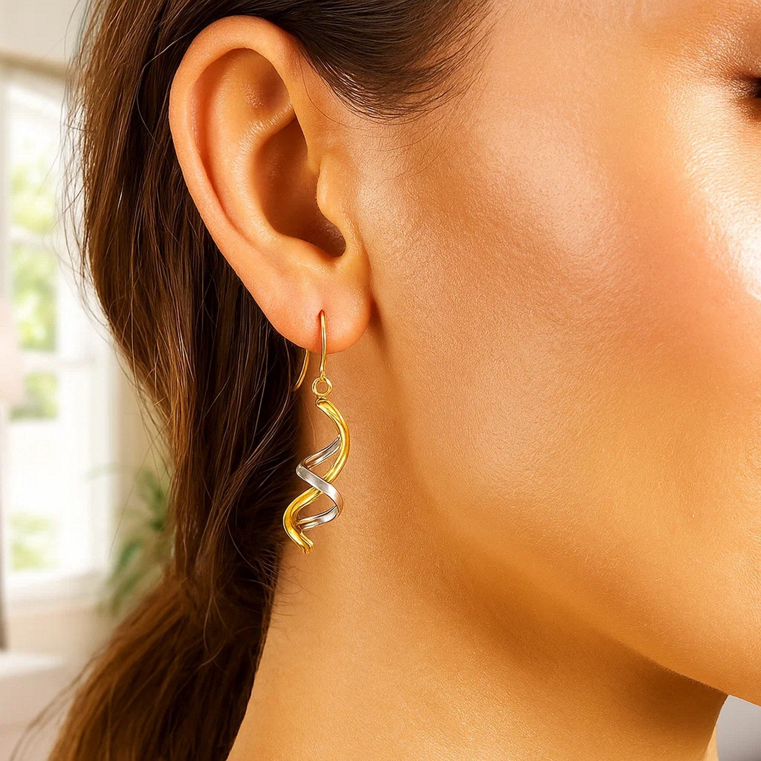 14k two-tone gold polished dangle earrings featuring a modern design and elegant drop style for sophisticated allure.